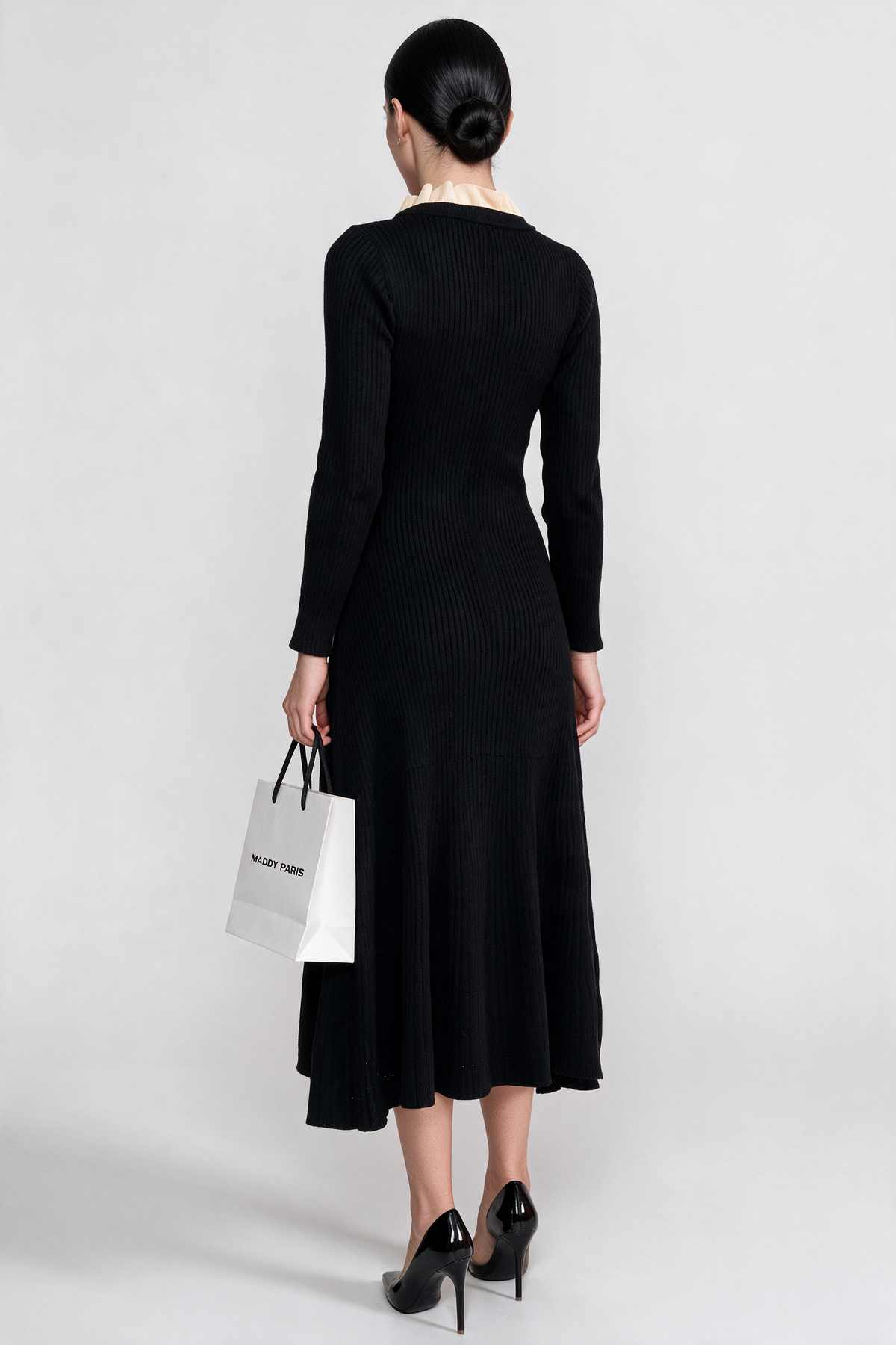 Long Sleeve Midi Dress With Button-Through Front And Contrast Pocket Trim - Black