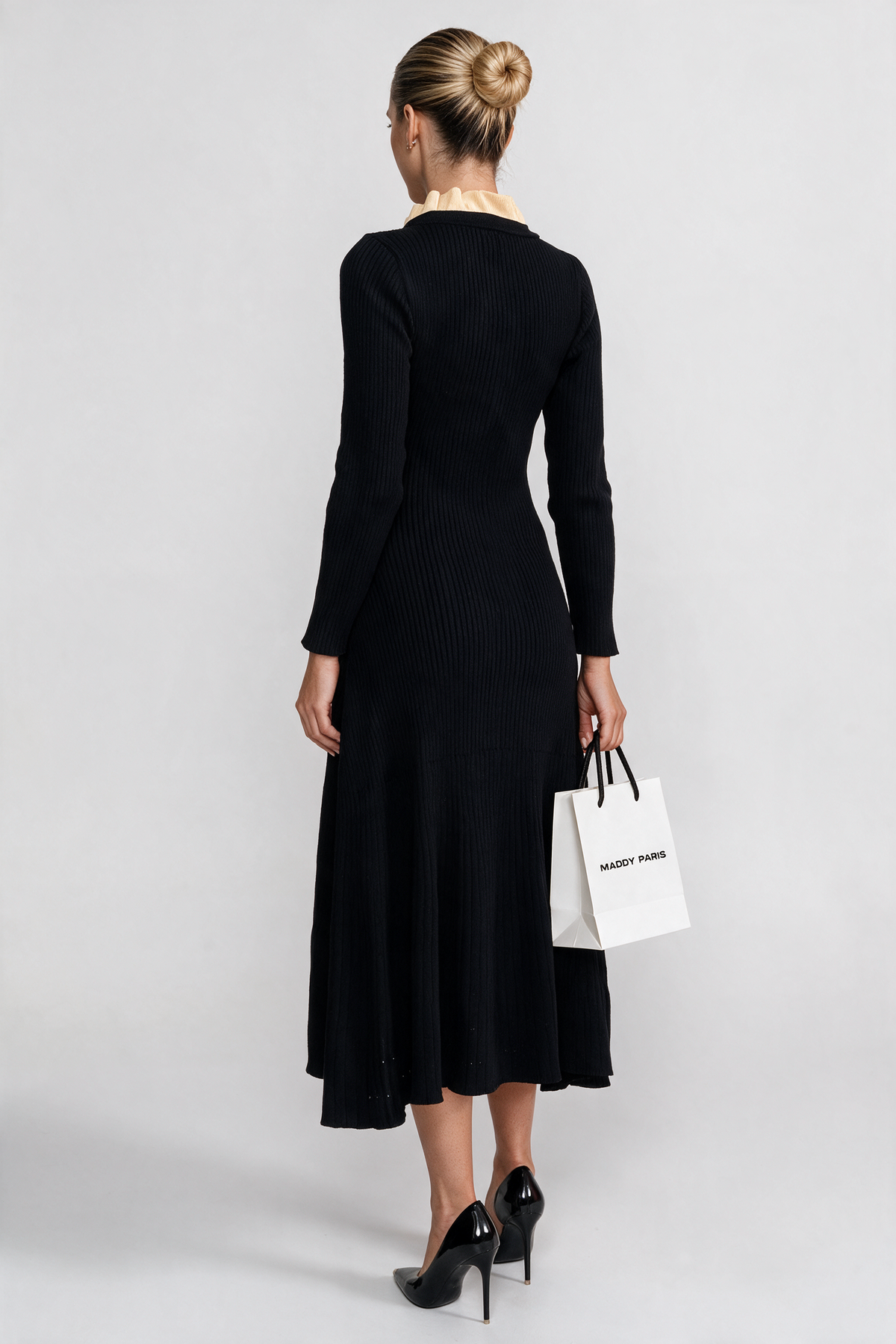 Long Sleeve Midi Dress With Button-Through Front And Contrast Pocket Trim - Black