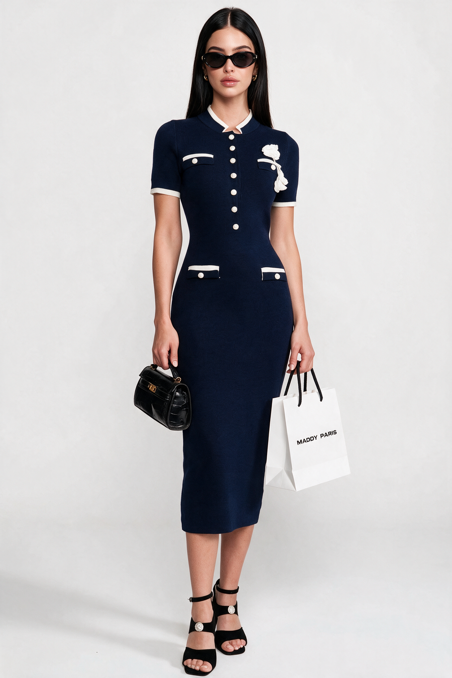 Ribbed Knit Midi Dress With Contrast Trim And Decorative Pockets - Navy