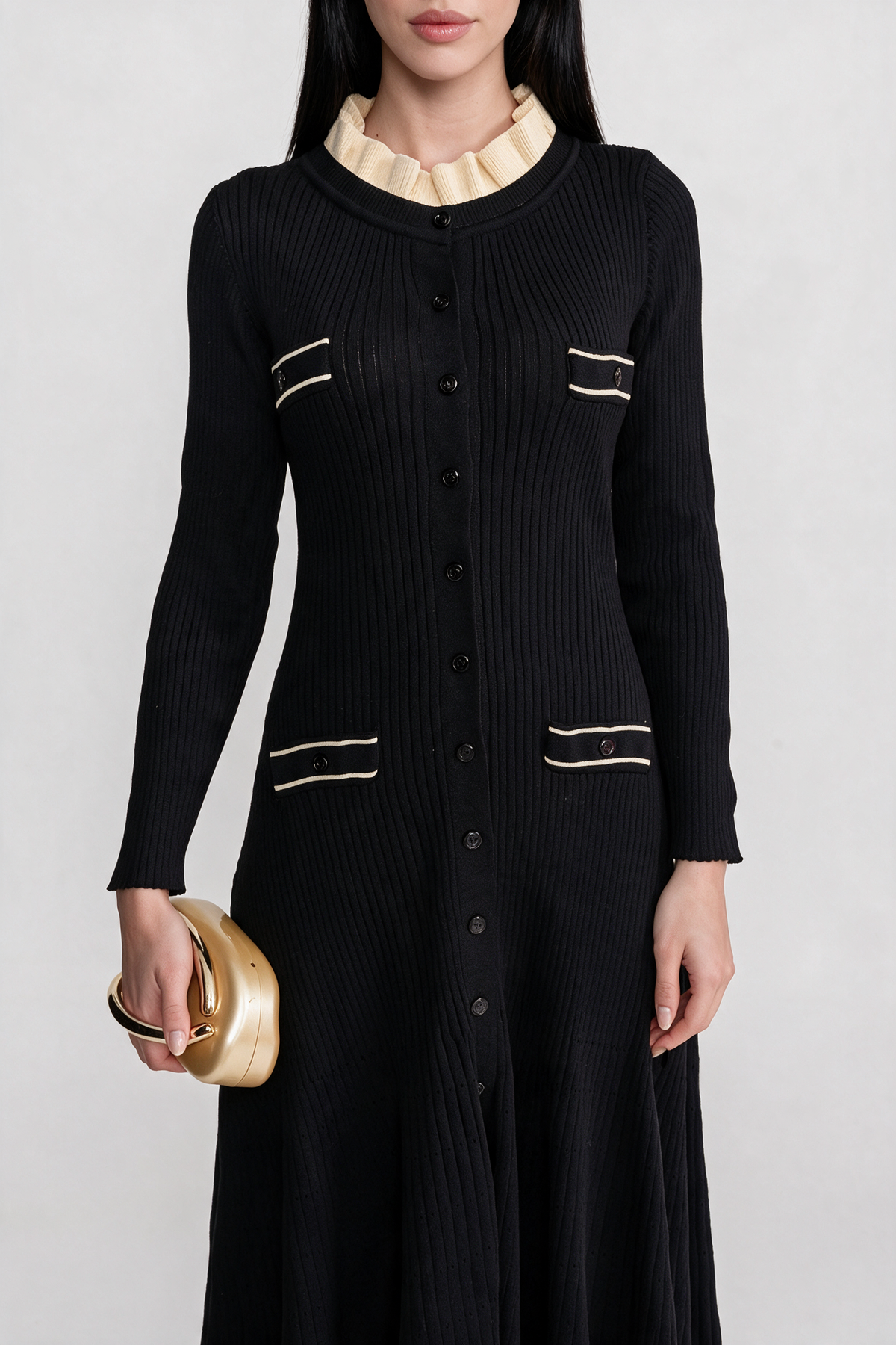 Long Sleeve Midi Dress With Button-Through Front And Contrast Pocket Trim - Black