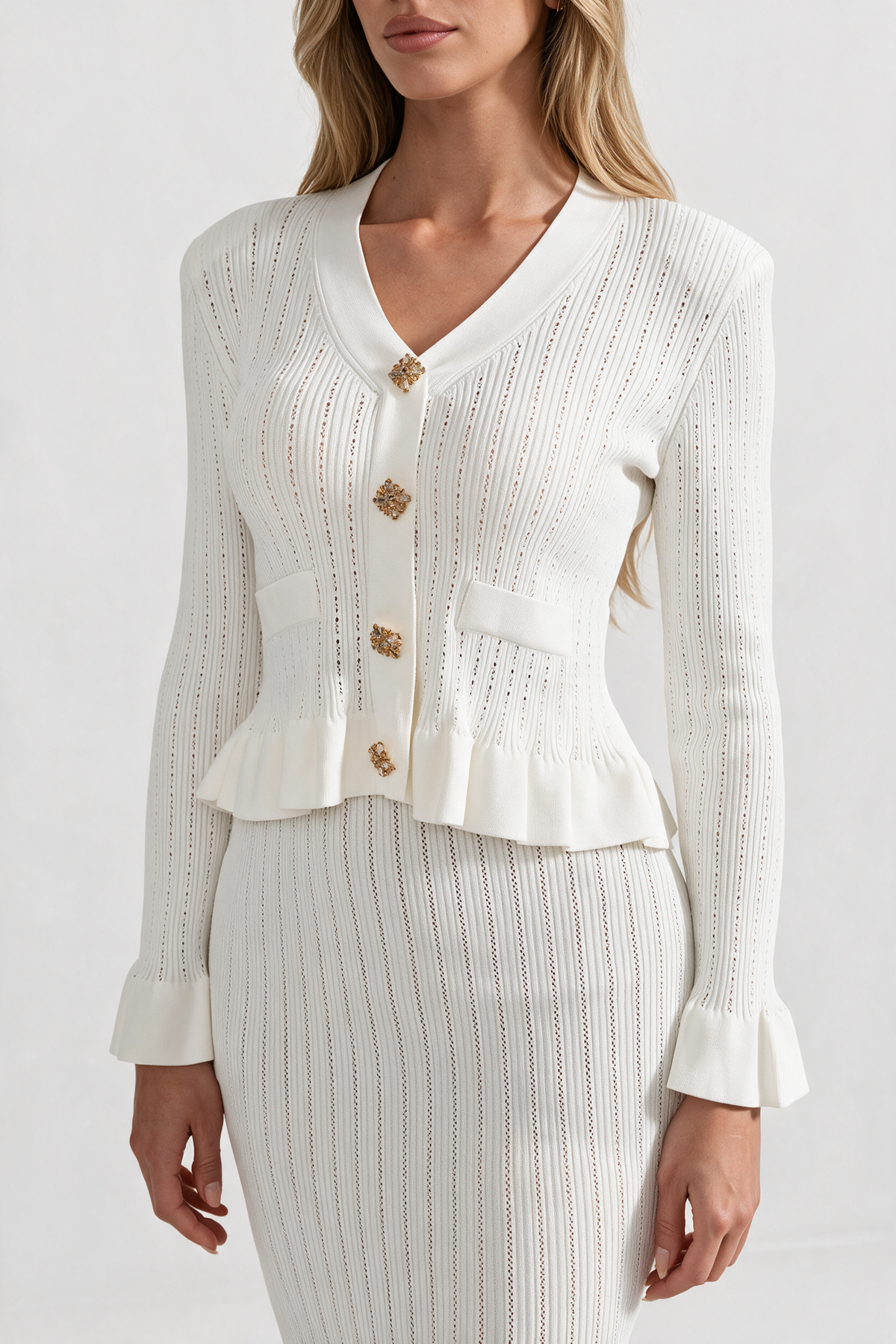 Ruffled Jacket & Flared Skirt Knit Matching Set - White