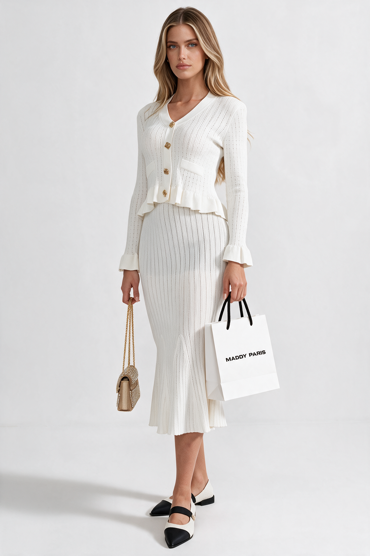 Ruffled Jacket & Flared Skirt Knit Matching Set - White
