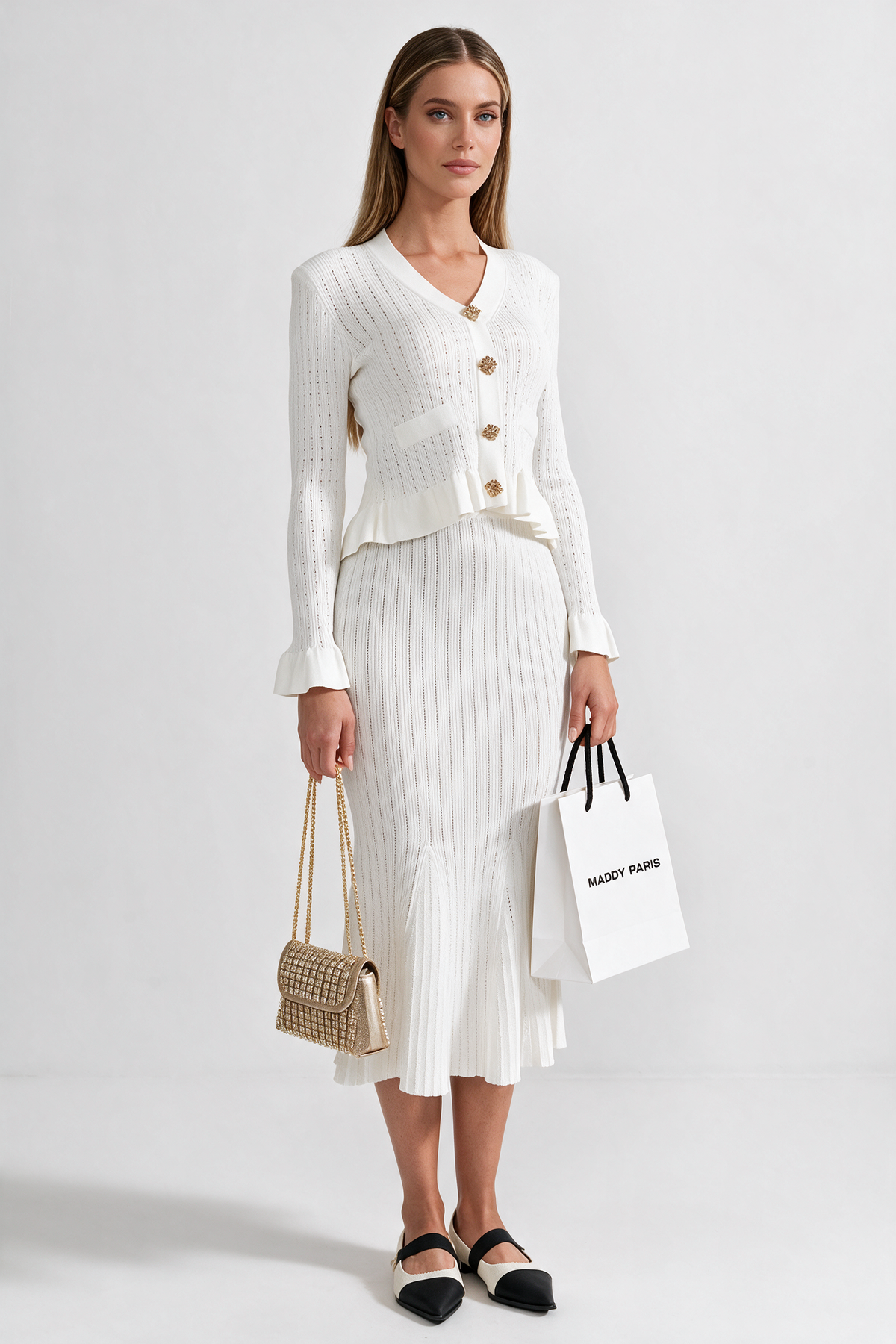 Ruffled Jacket & Flared Skirt Knit Matching Set - White