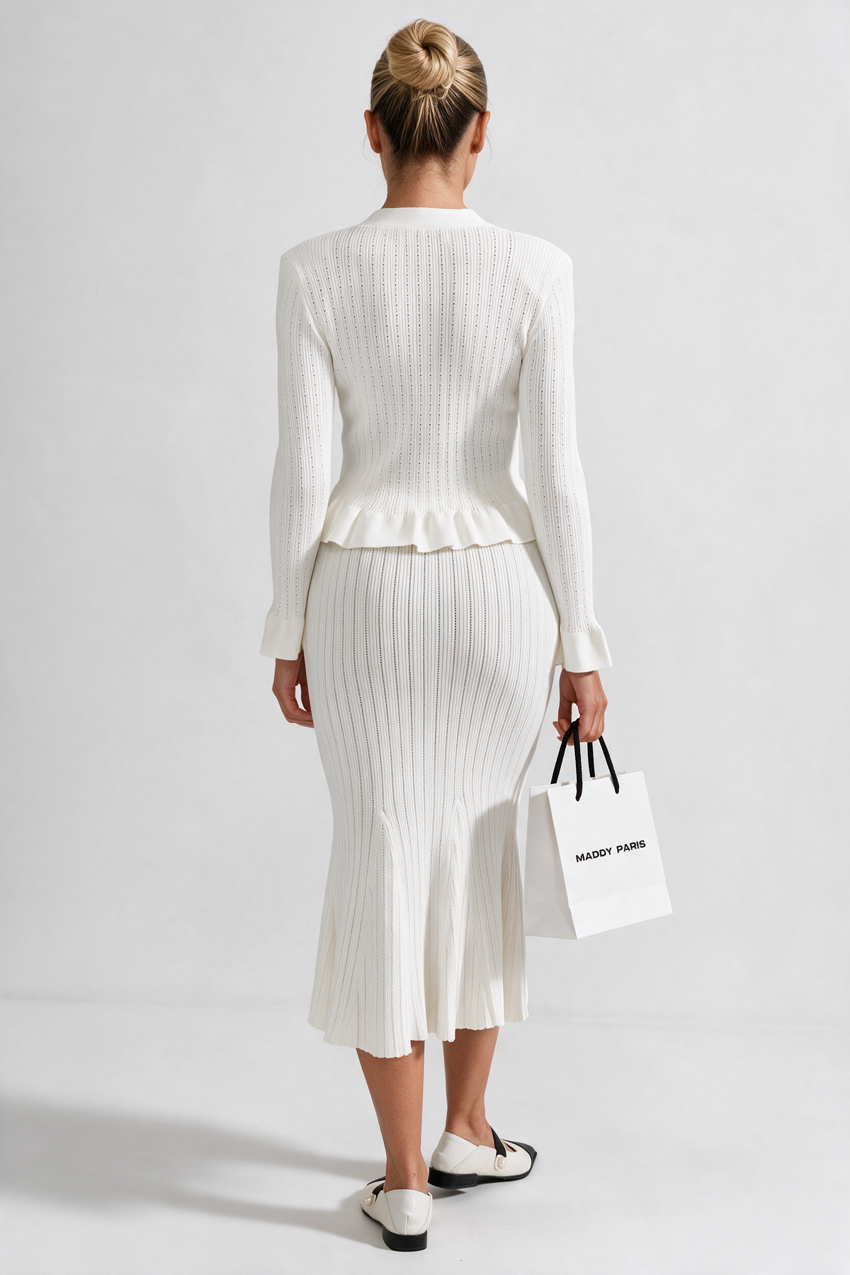 Ruffled Jacket & Flared Skirt Knit Matching Set - White