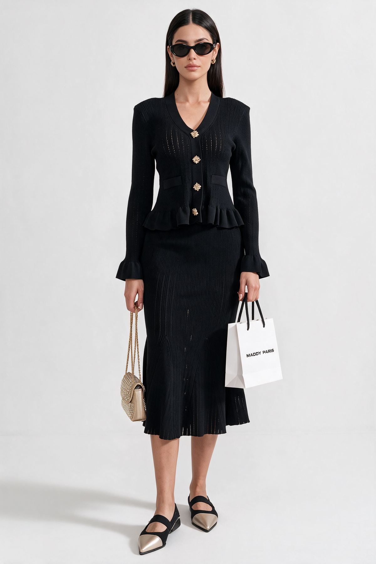 Ruffled Jacket & Flared Skirt Knit Matching Set - Black