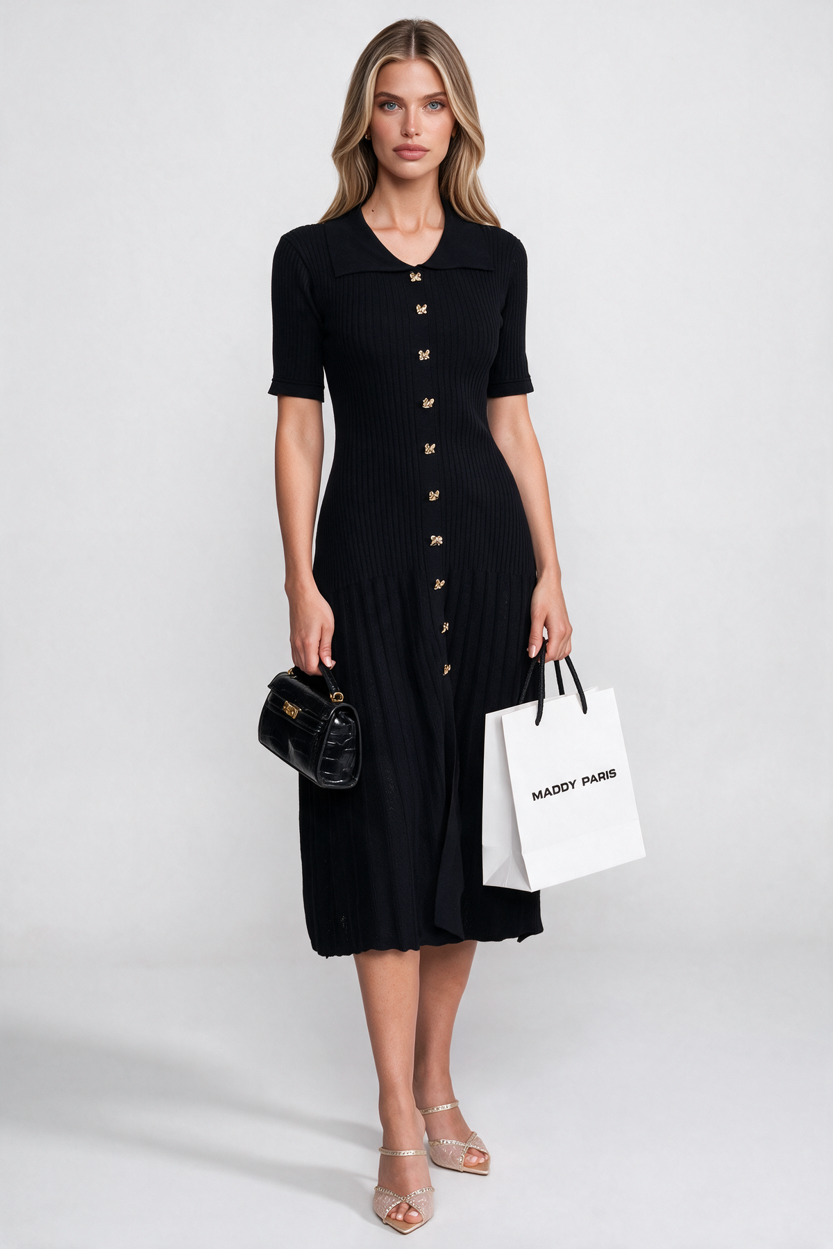 Ribbed Knit Midi Dress With Peter Pan Collar And Pleated Skirt - Black