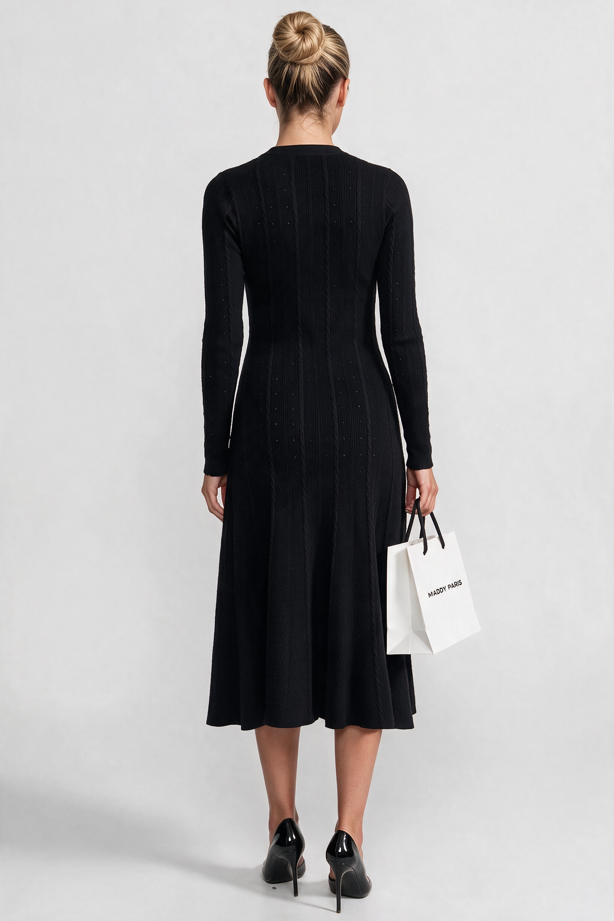 Knit Button-Front Midi Dress with Pointelle Detailing – Black