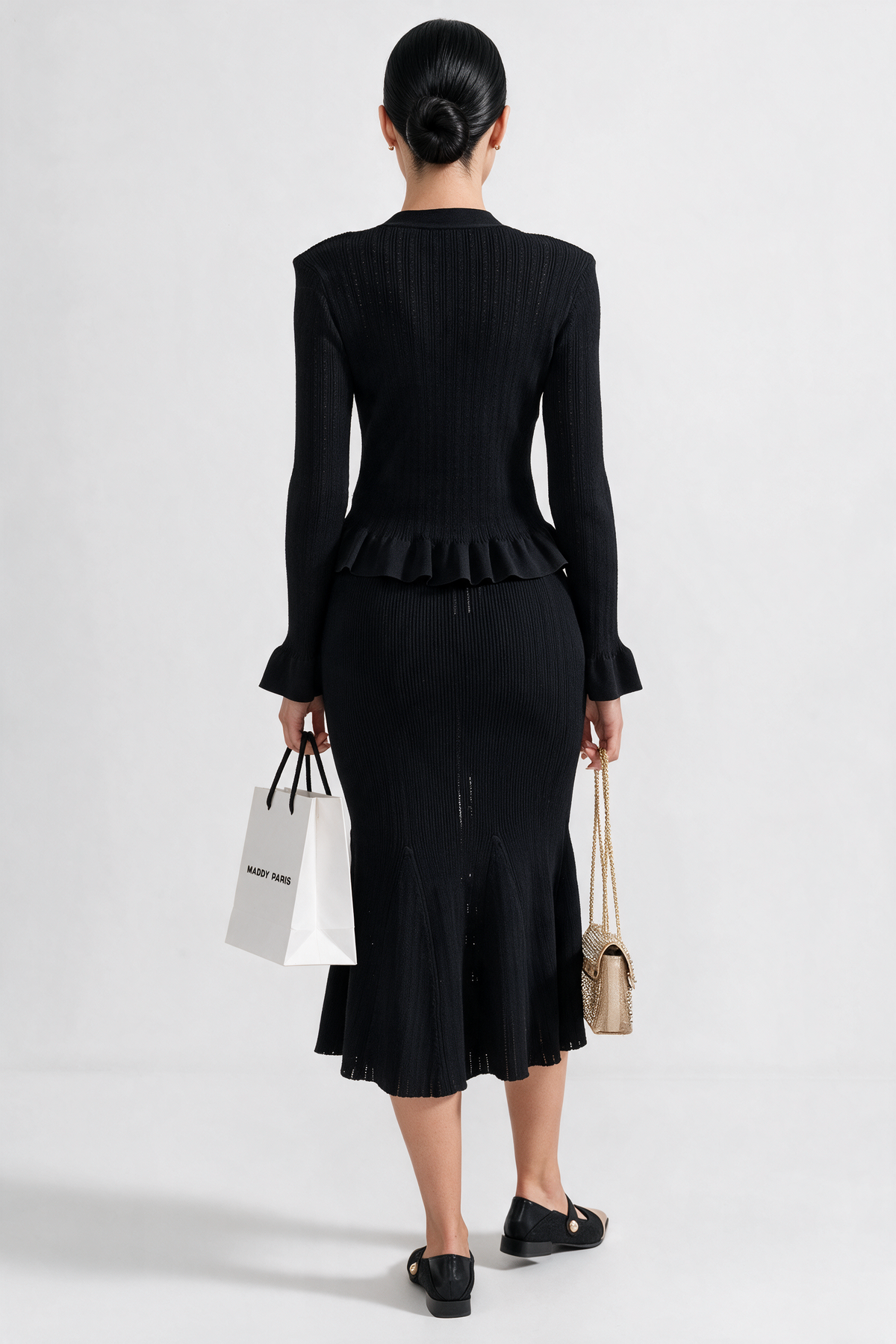 Ruffled Jacket & Flared Skirt Knit Matching Set - Black