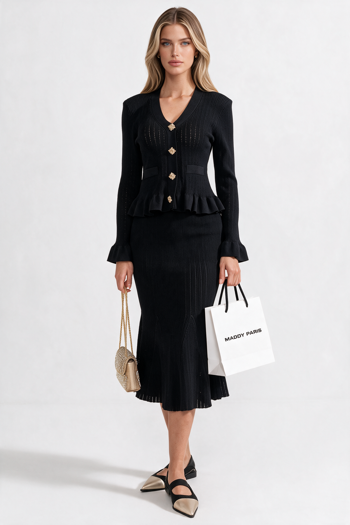 Ruffled Jacket & Flared Skirt Knit Matching Set - Black
