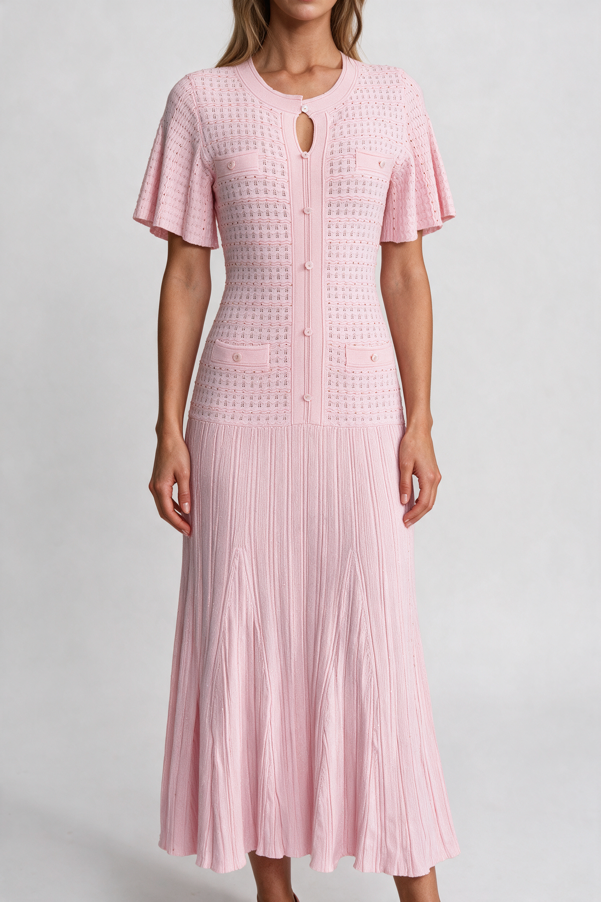Short Sleeve Midi Dress With Shimmer Knit Texture - Pink