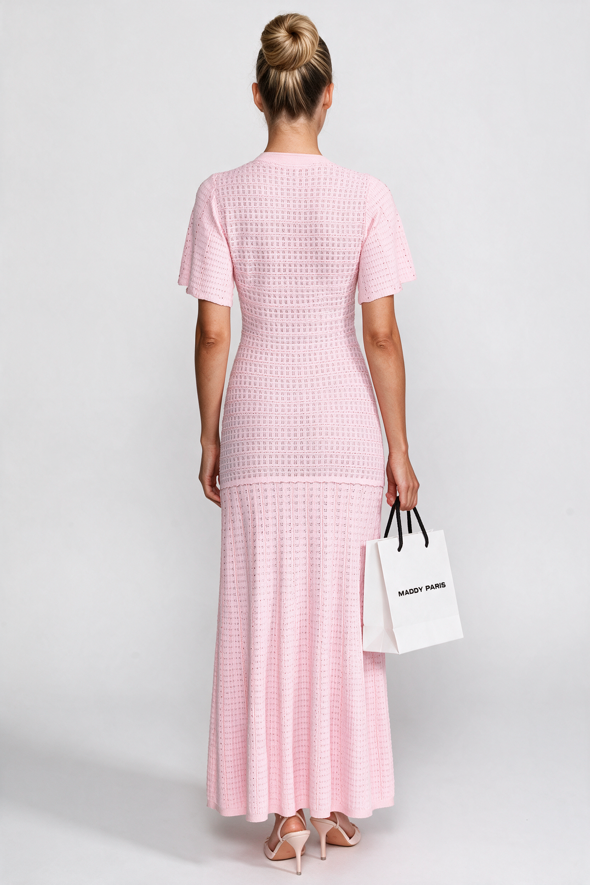 Short Sleeve Midi Dress With Shimmer Knit Texture - Pink