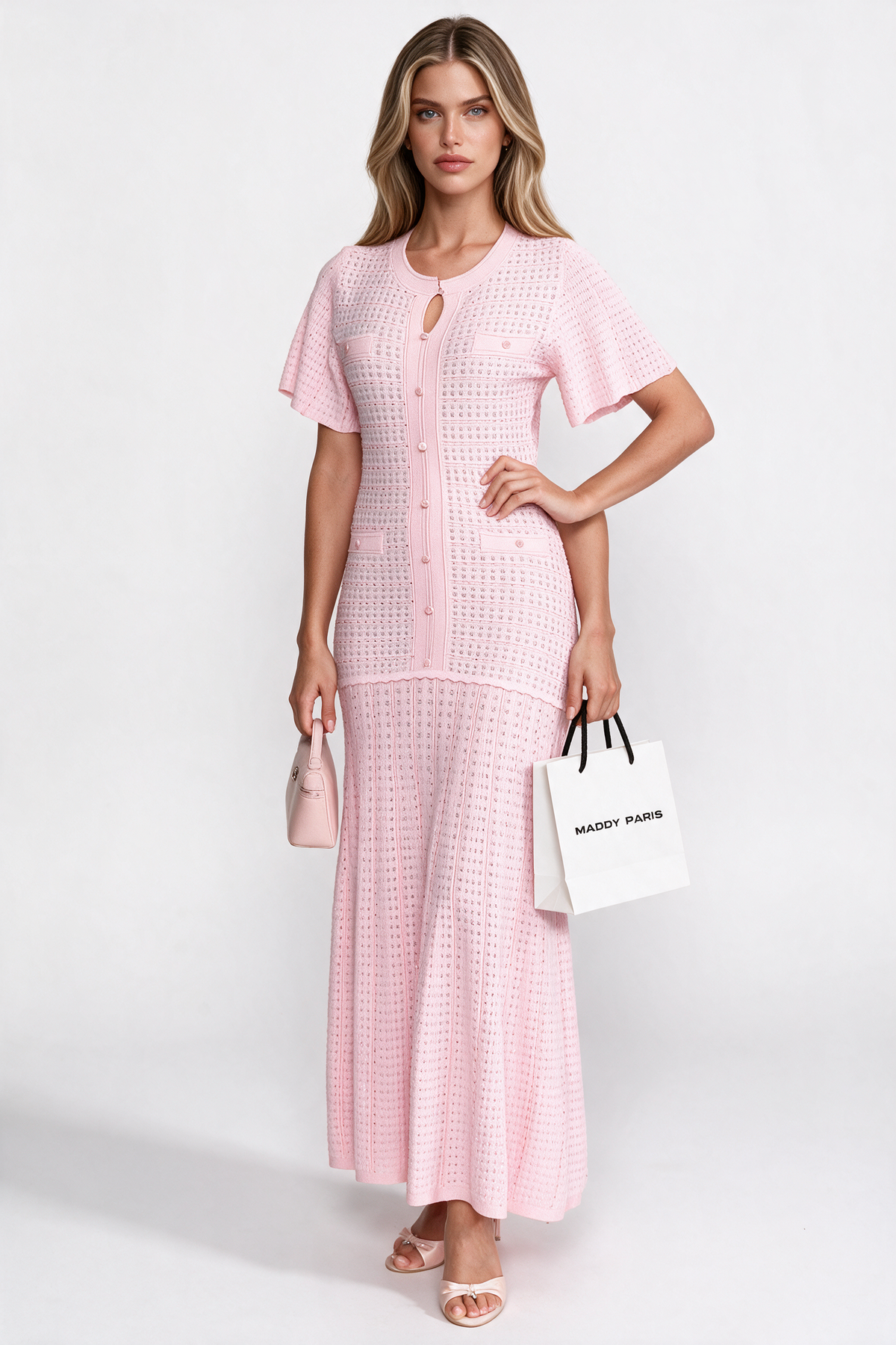 Short Sleeve Midi Dress With Shimmer Knit Texture - Pink