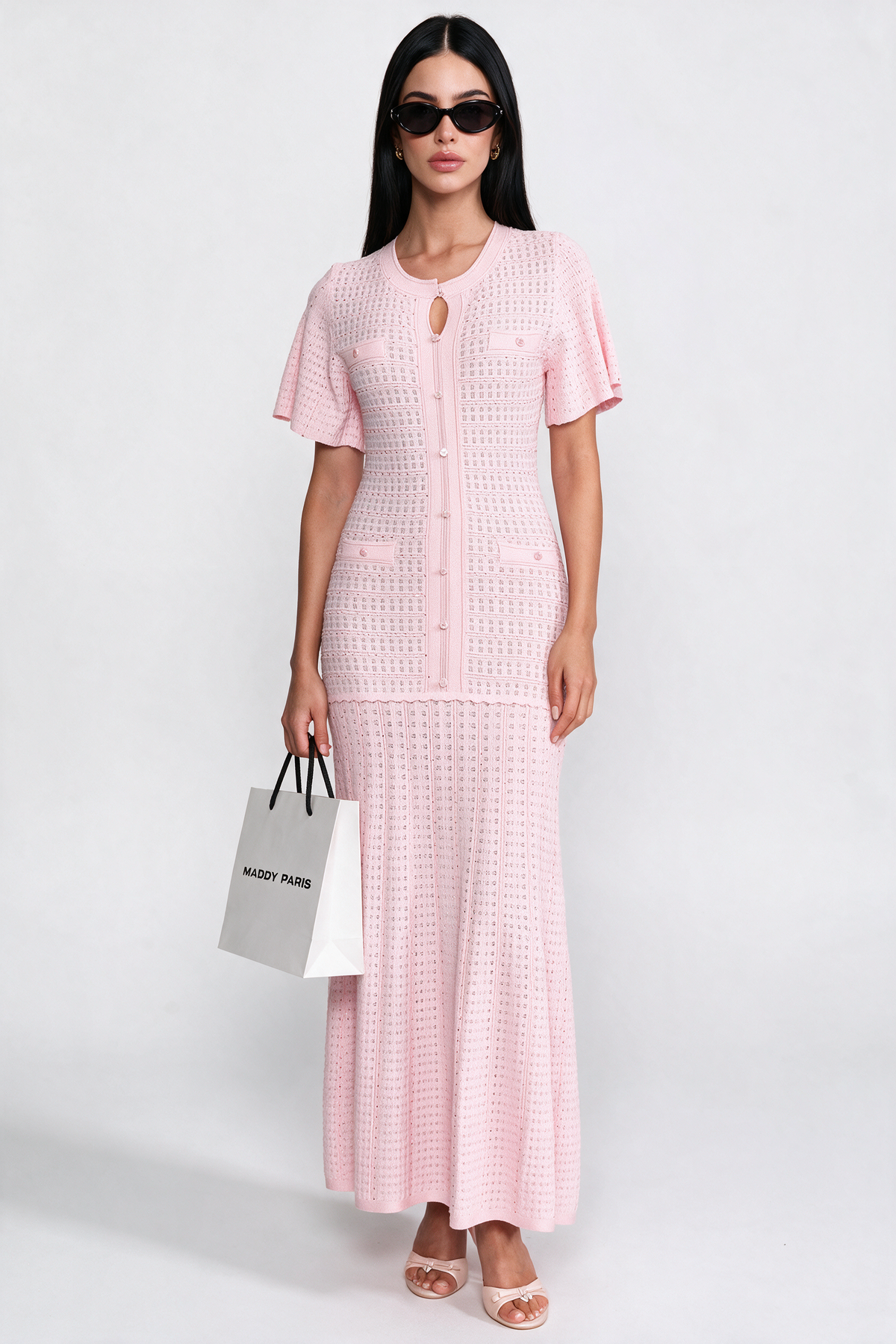 Short Sleeve Midi Dress With Shimmer Knit Texture - Pink