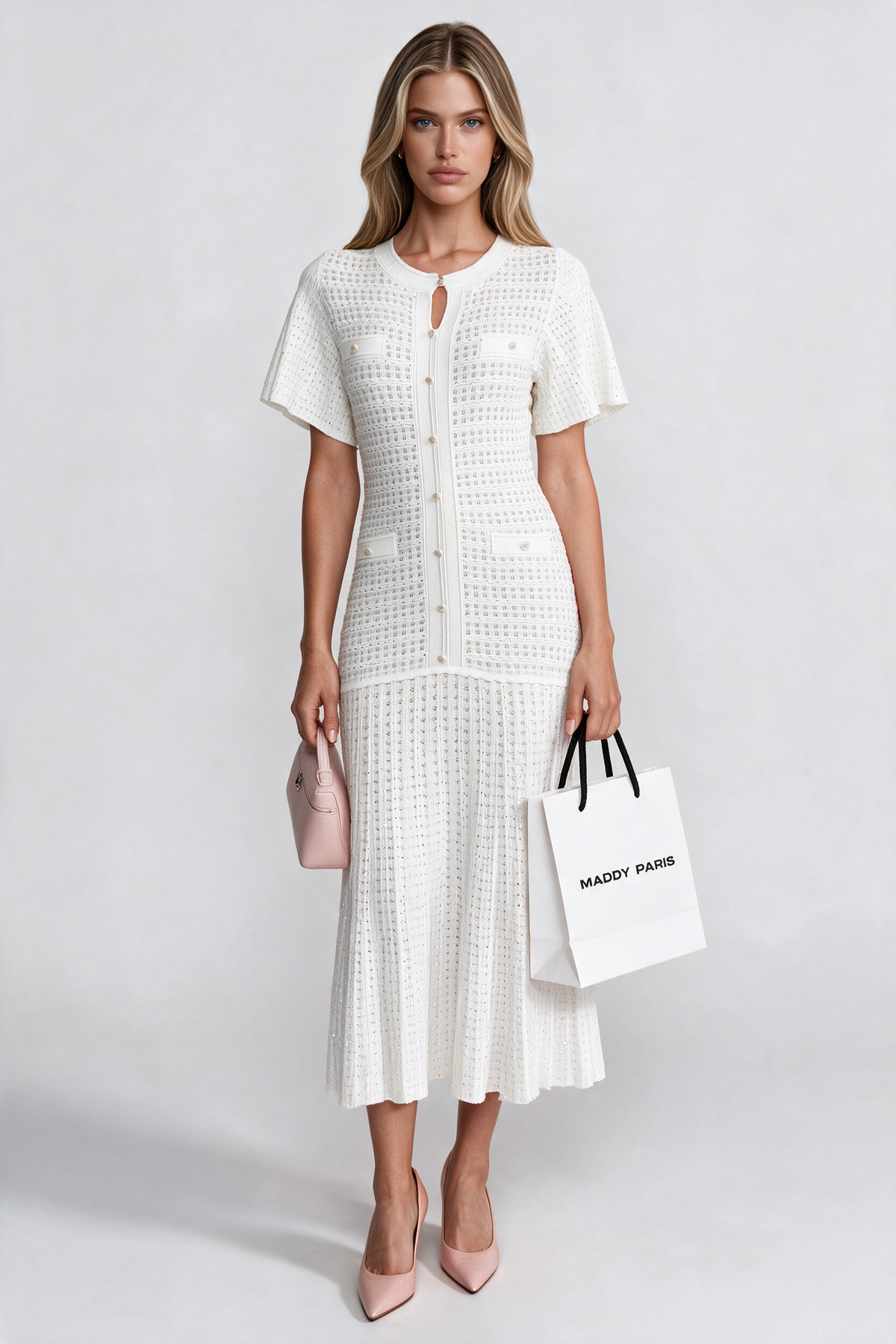 Short Sleeve Shimmer Knit Dress - White