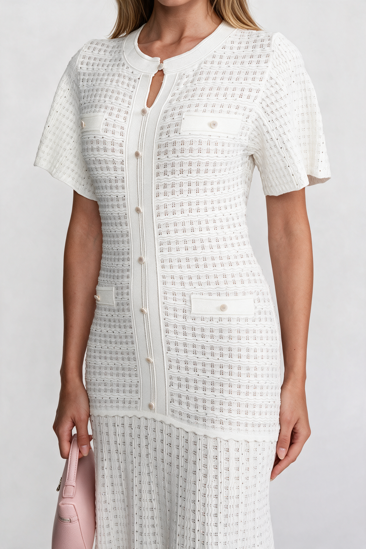 Short Sleeve Shimmer Knit Dress - White