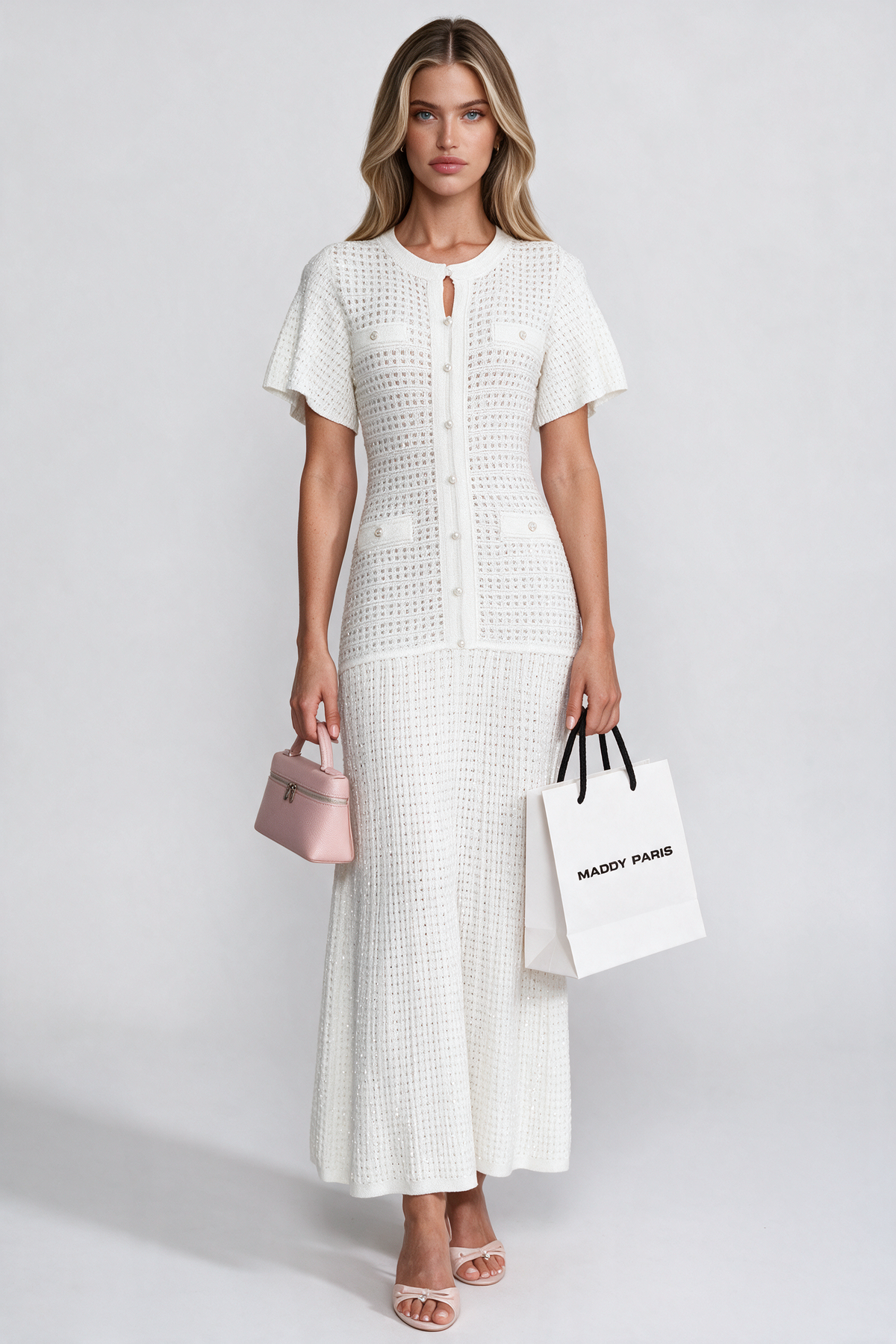 Short Sleeve Shimmer Knit Dress - White