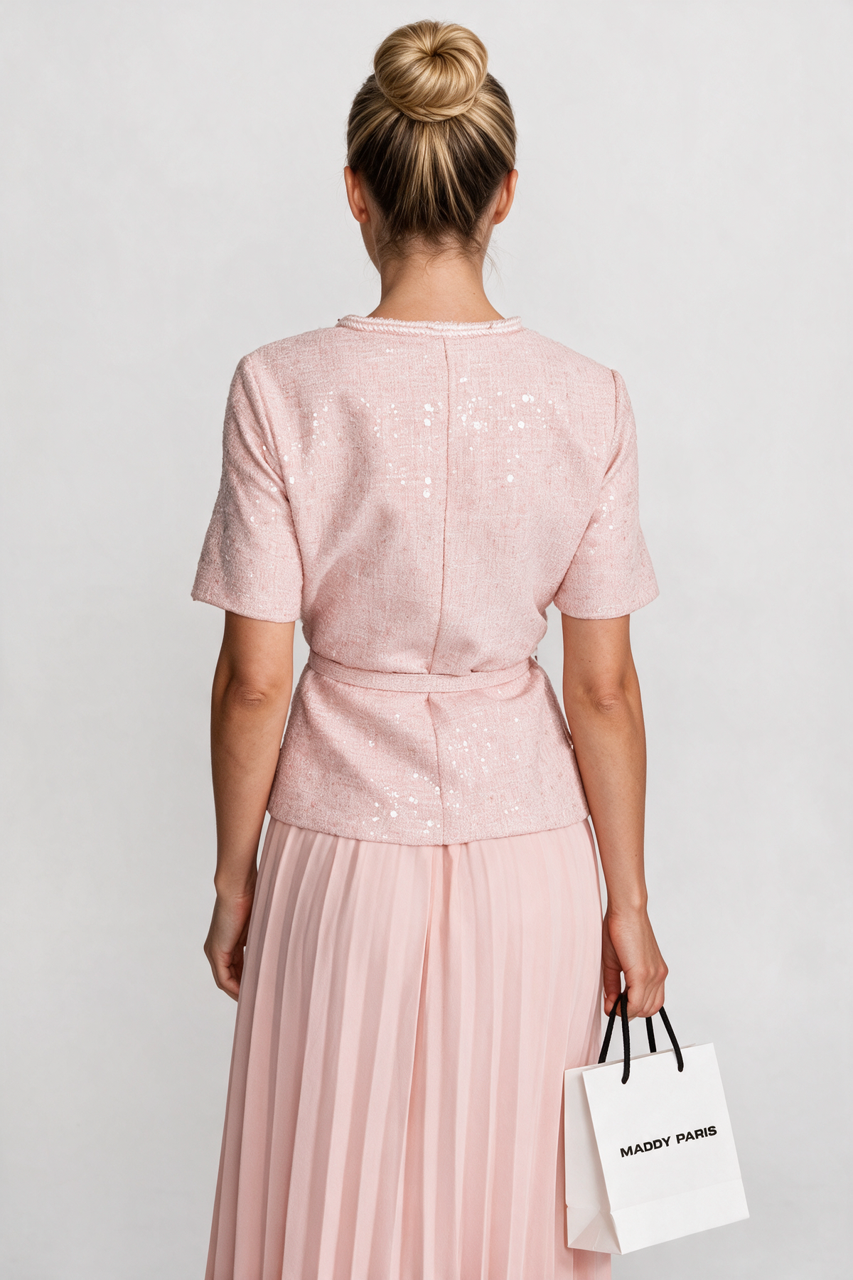 Embellished Tweed Midi Dress with Pleated Chiffon Skirt – Blush Pink