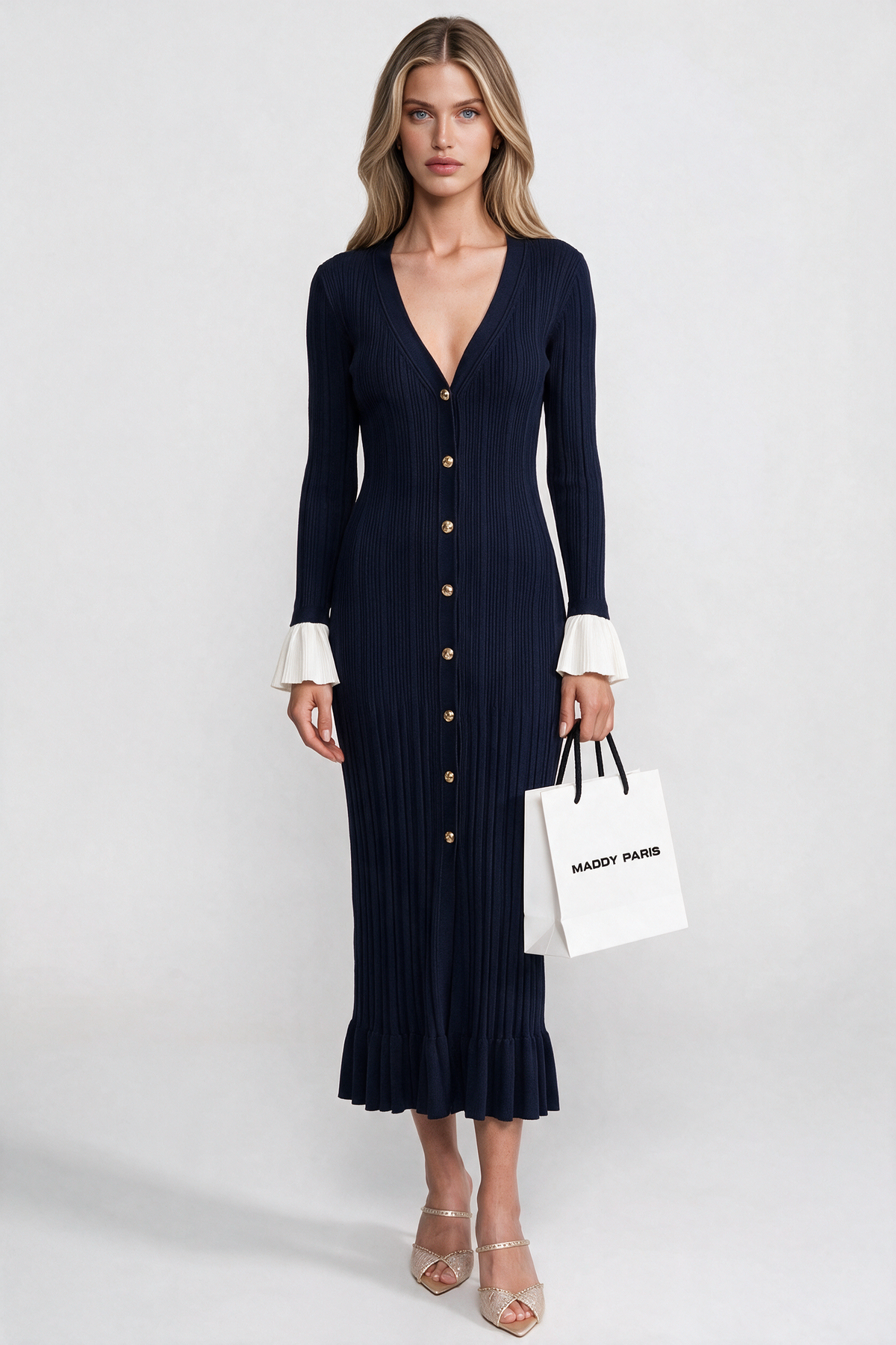 Long-Sleeve Button-Front Pleated Knit Maxi Dress With Contrast Cuffs - Navy