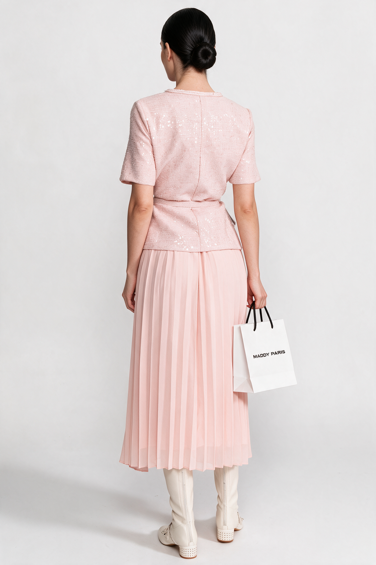 Embellished Tweed Midi Dress with Pleated Chiffon Skirt – Blush Pink