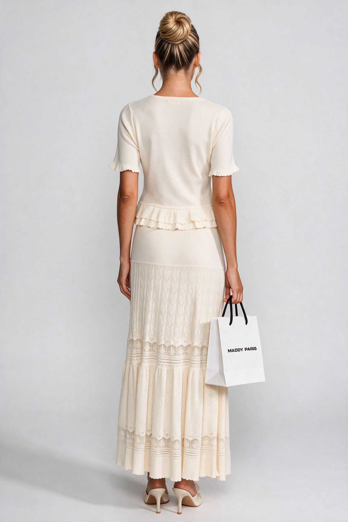 Two-Piece Knit Co-Ord Set With Ruffled Waist - Ivoire