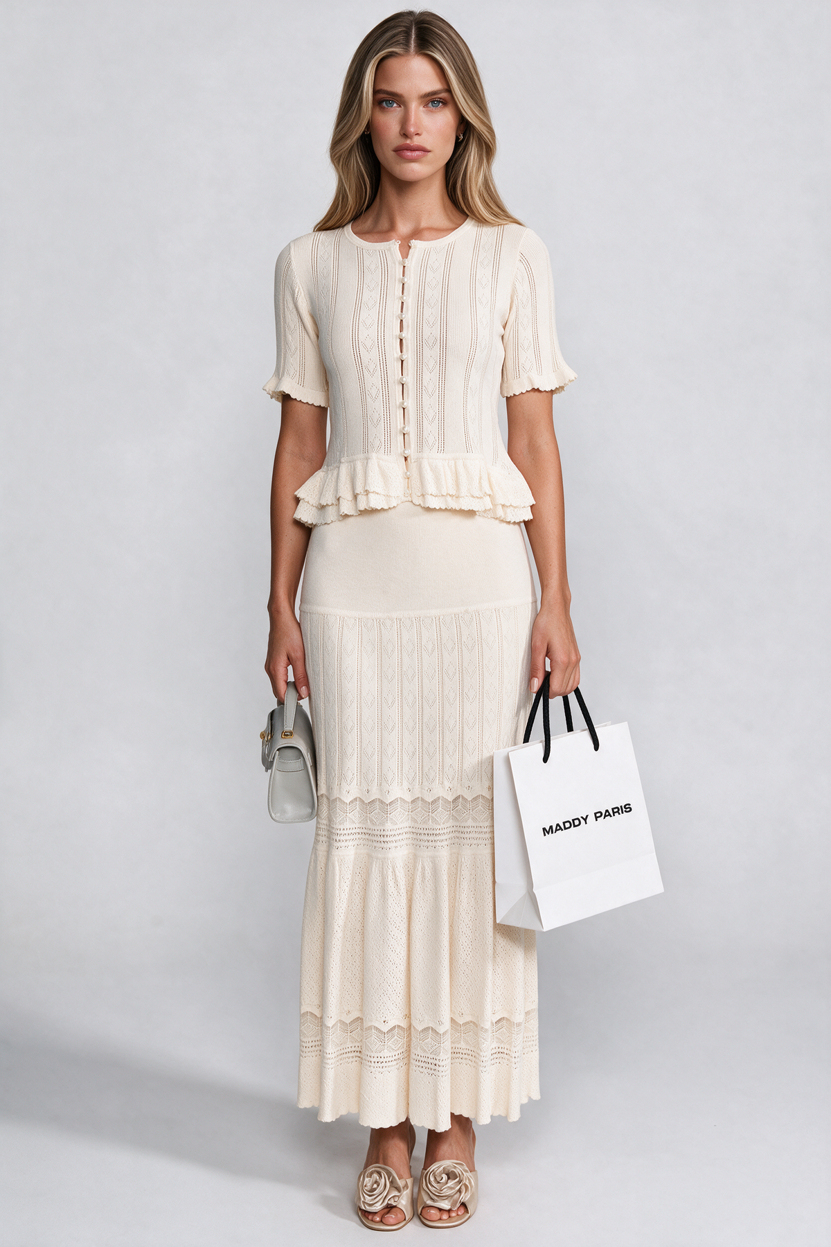 Two-Piece Knit Co-Ord Set With Ruffled Waist - Ivoire