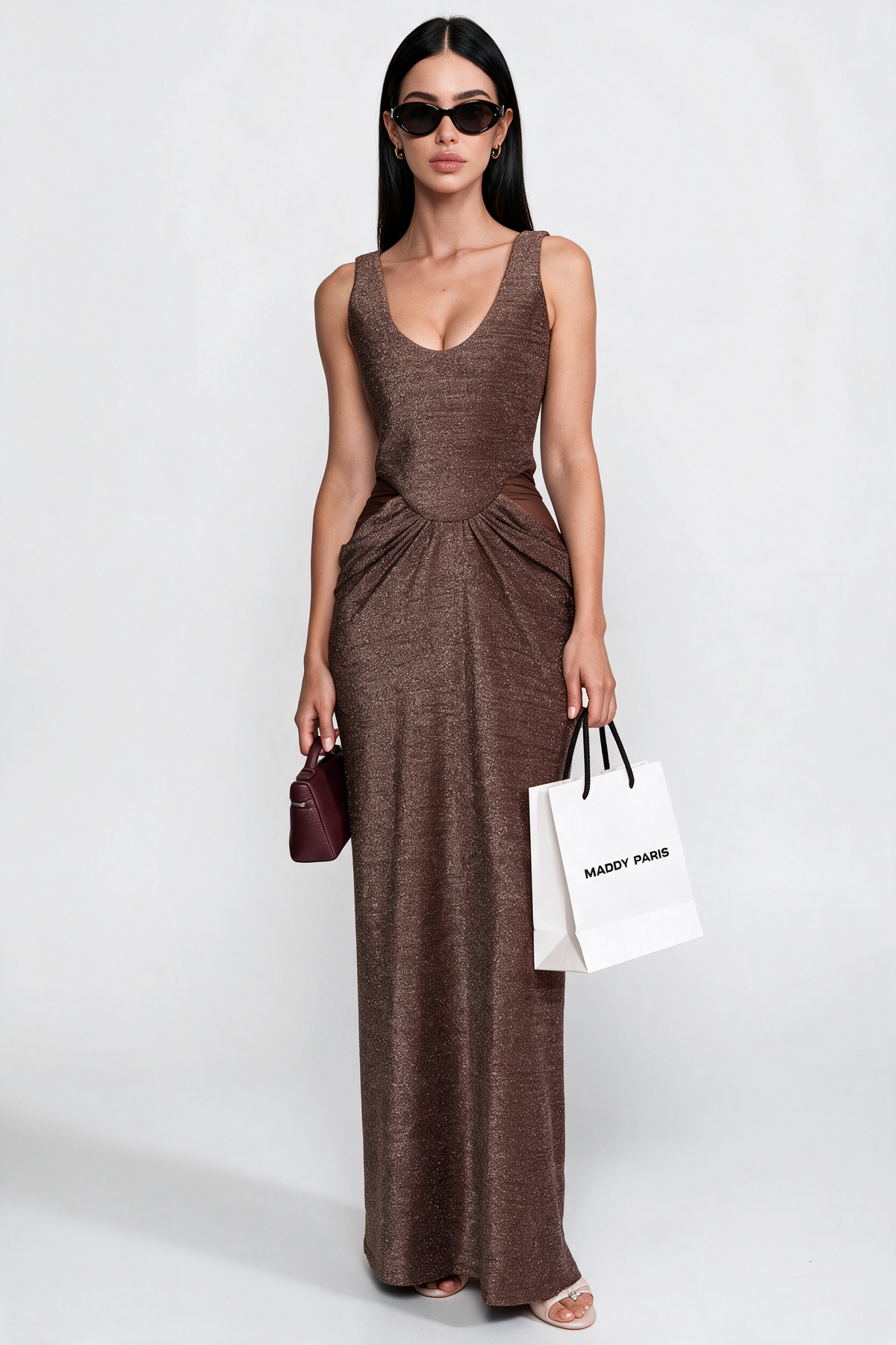 Metallic Knit Cutout Column Gown With Scoop Neck - Coffee