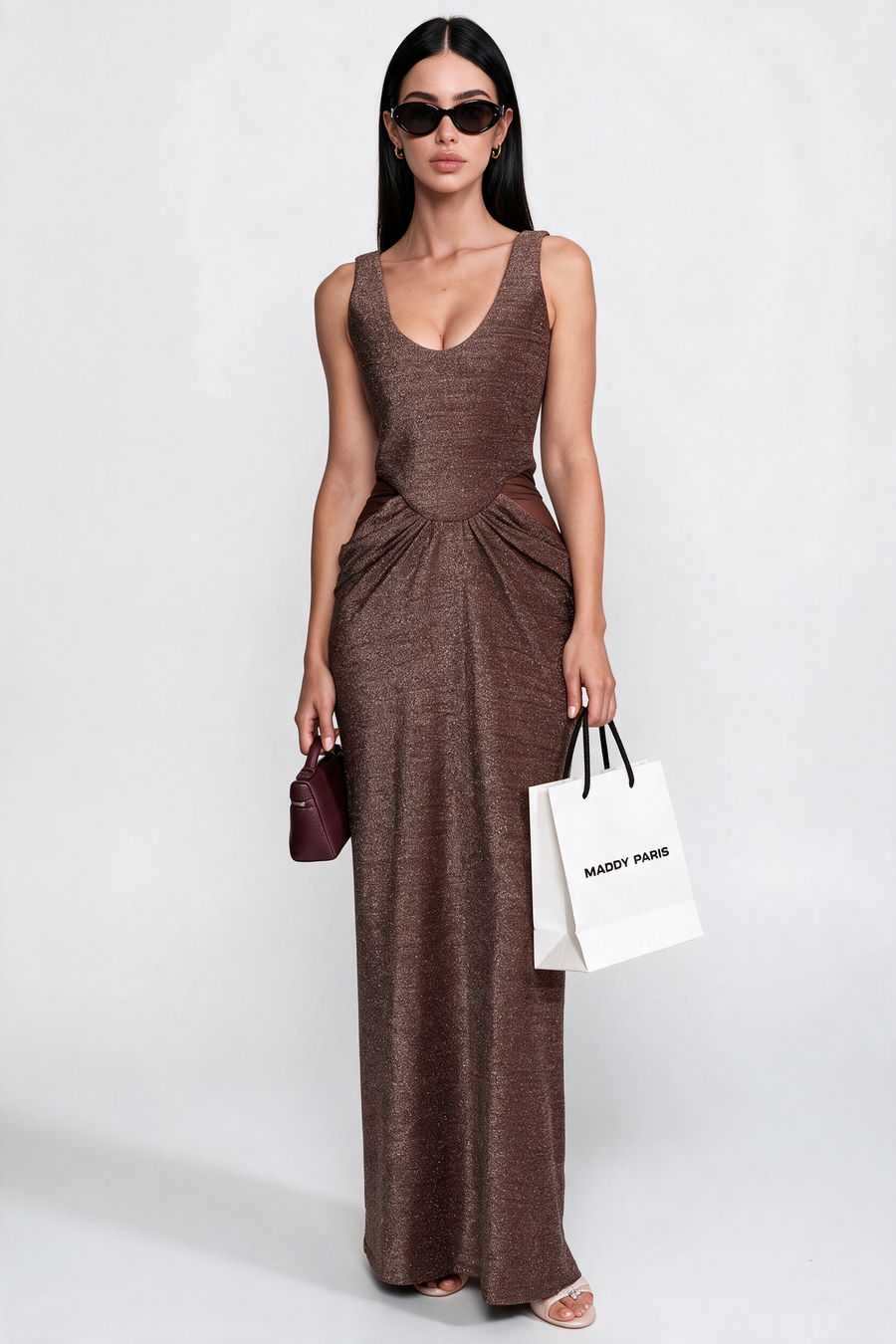 Metallic Knit Cutout Column Gown With Scoop Neck - Coffee