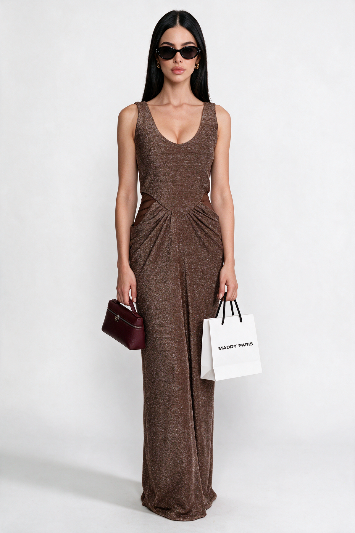 Metallic Knit Cutout Column Gown With Scoop Neck - Coffee