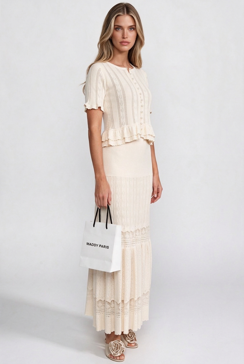 Two-Piece Knit Co-Ord Set With Ruffled Waist - Ivoire