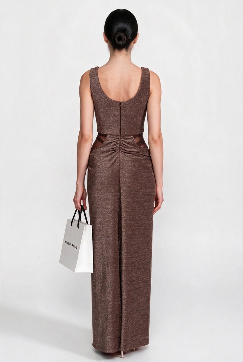 Metallic Knit Cutout Column Gown With Scoop Neck - Coffee