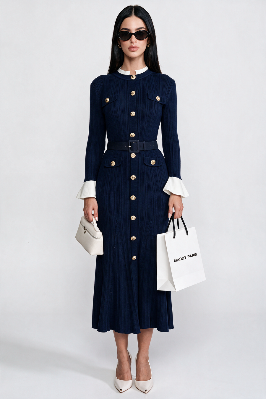 Ribbed Knit Belted Midi Dress With White Cuffs And Collar - Navy