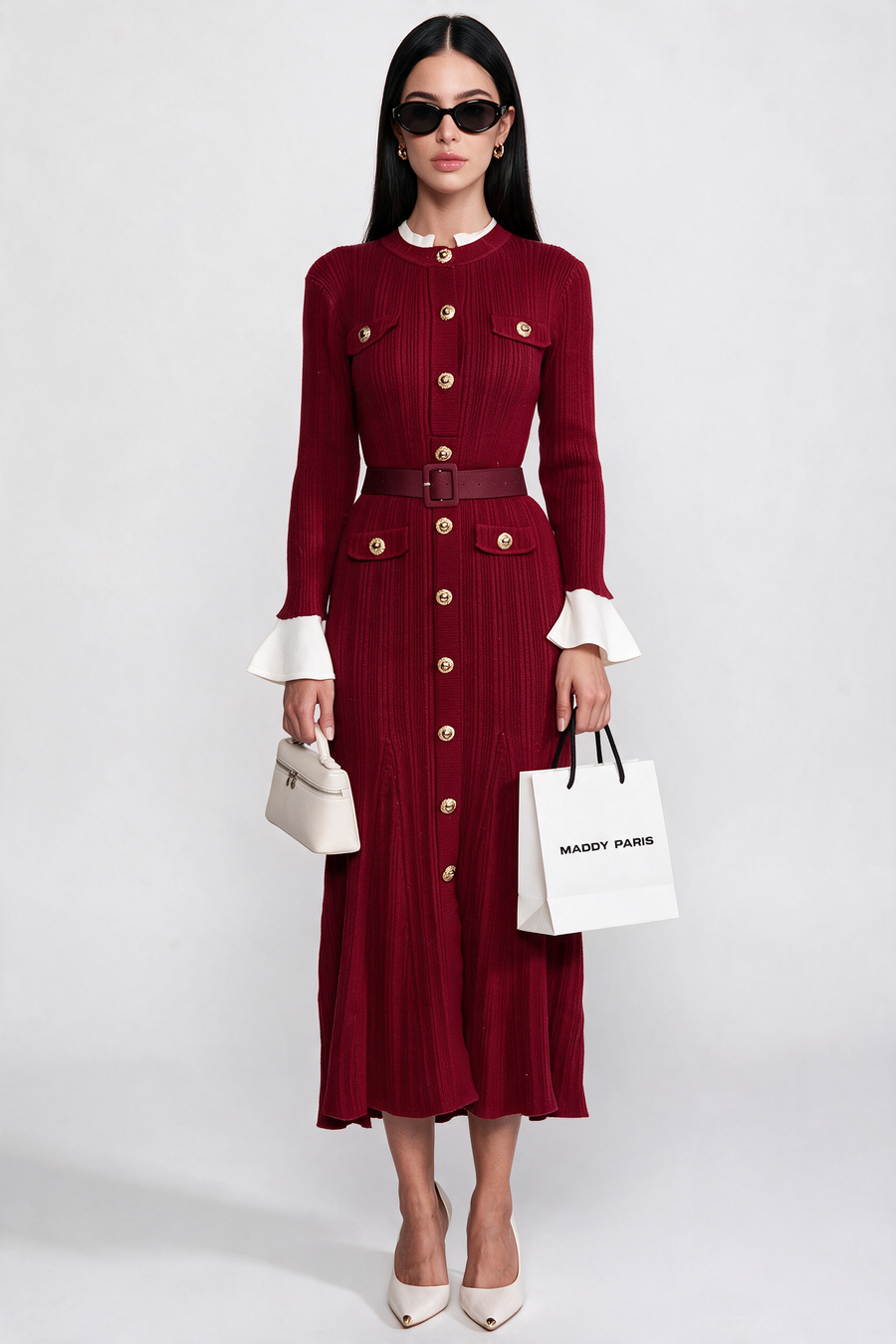 Ribbed Knit Belted Midi Dress With White Cuffs And Collar - Burgundy