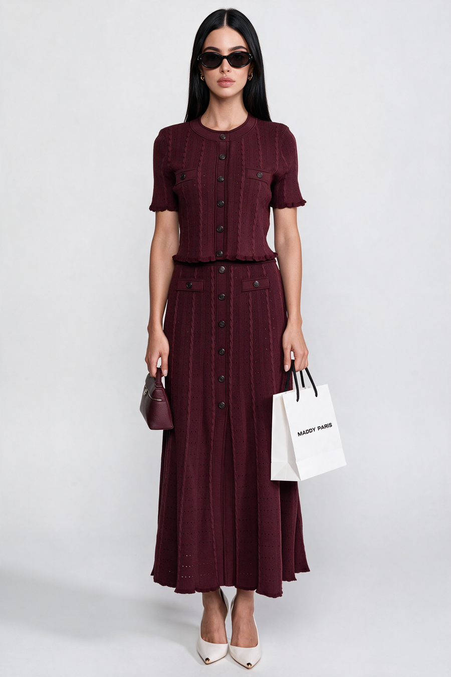 Ribbed Knit Co-Ord Set With Buttoned Front Cardigan And Matching Maxi Skirt - Burgundy