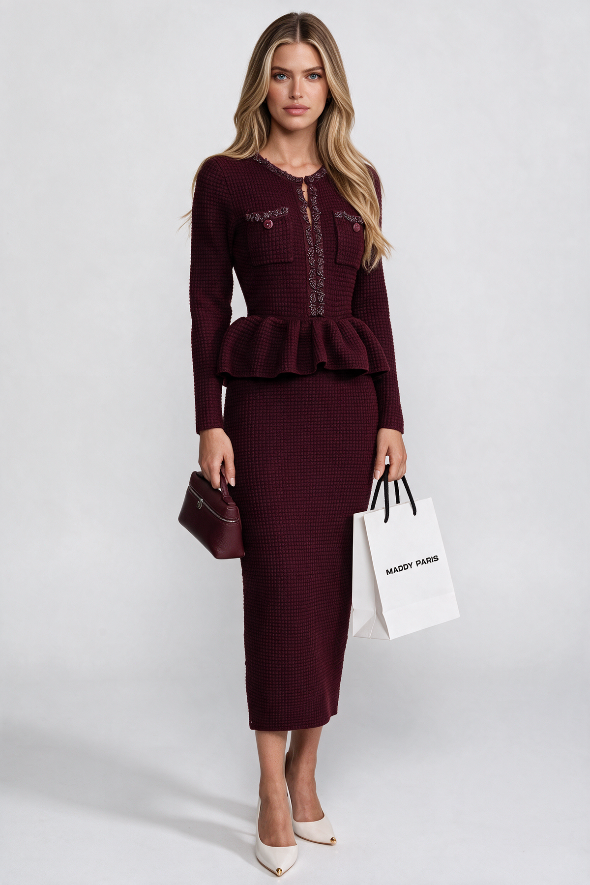 Fringe Trim Knit Peplum Dress With Front Chest Pockets - Burgundy