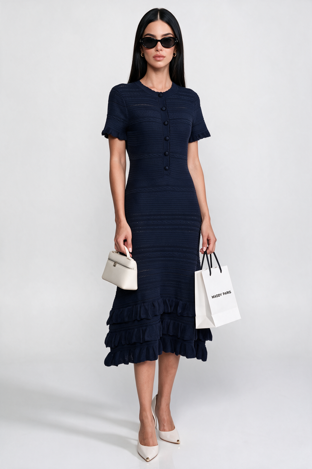 Ruffle Hem Knit Midi Dress With Button Front - Navy