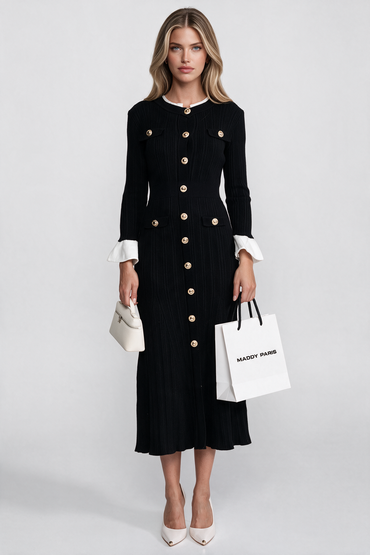 Ribbed Knit Midi Dress With White Cuffs And Collar - Black