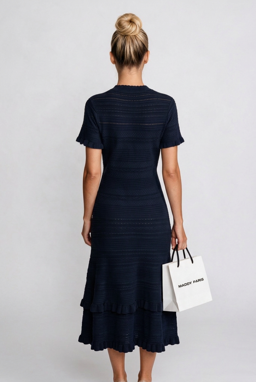 Ruffle Hem Knit Midi Dress With Button Front - Navy
