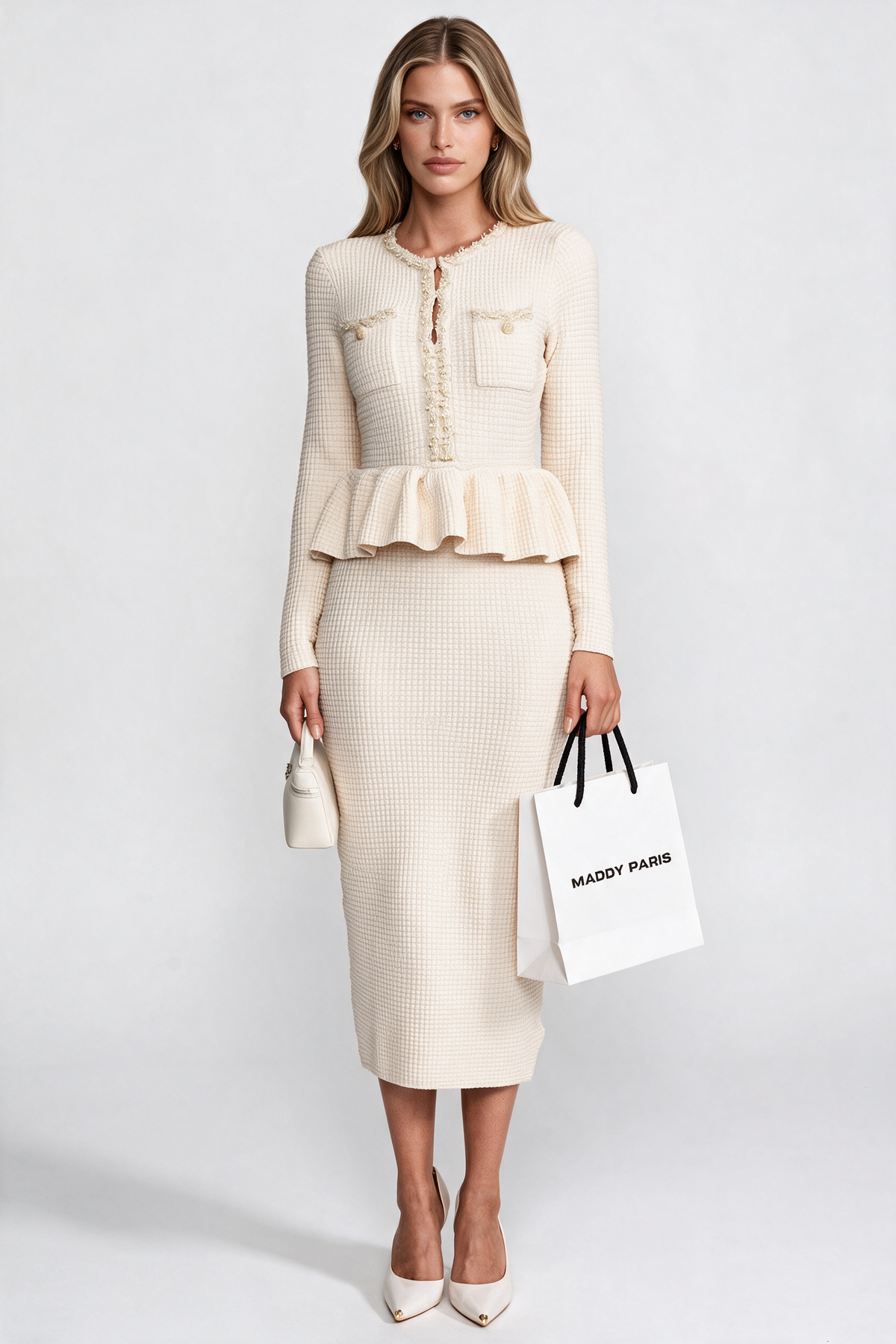 Fringe Trim Knit Peplum Dress With Front Chest Pockets - Beige