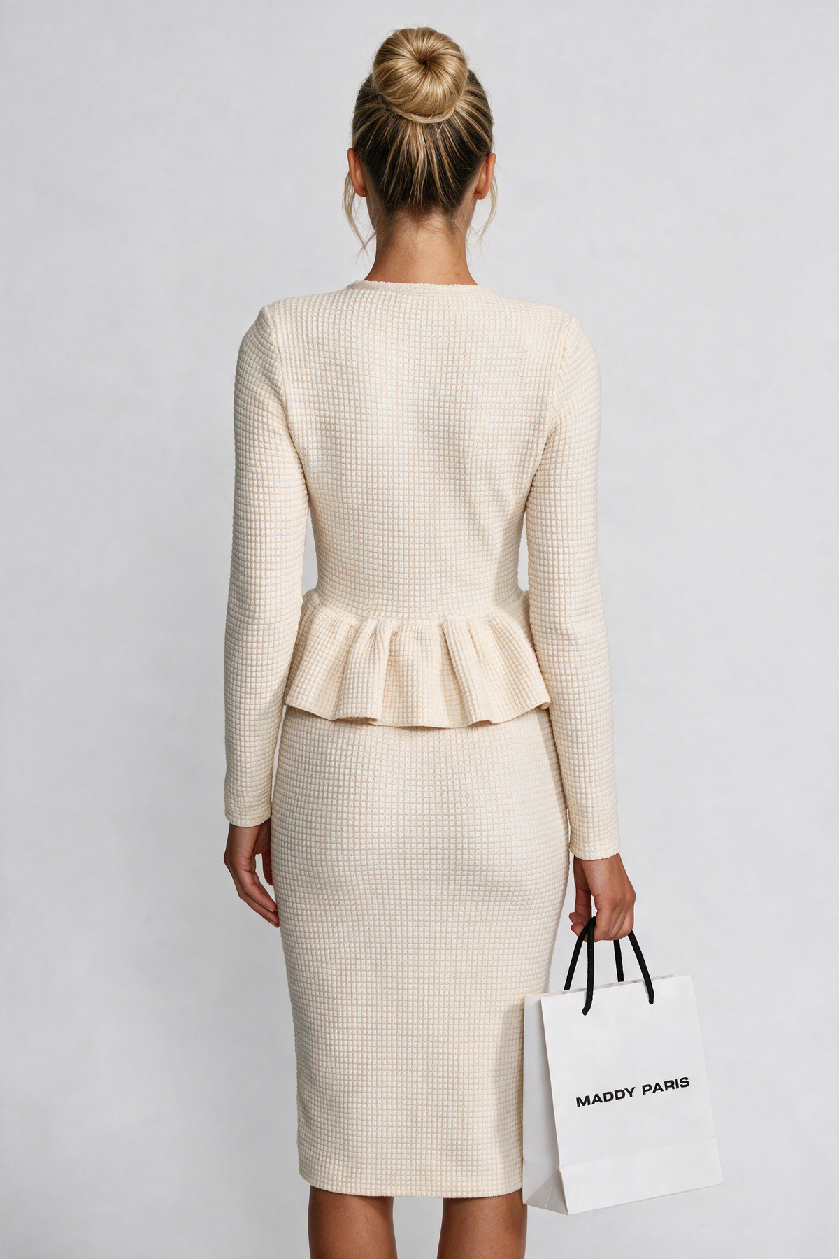 Fringe Trim Knit Peplum Dress With Front Chest Pockets - Beige