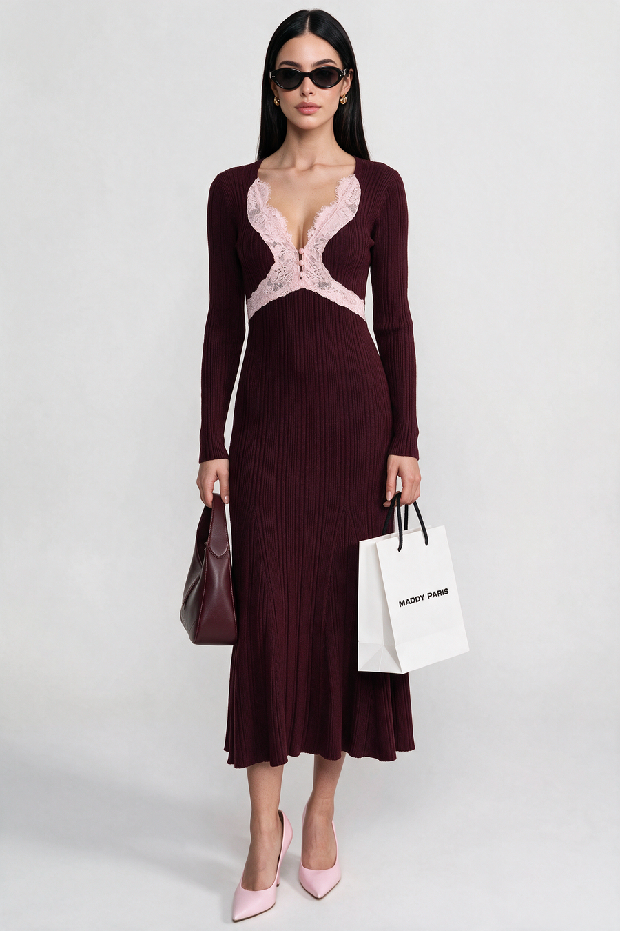 Ribbed Long Sleeve Midi Dress With Lace-Trim V-Neckline - Burgundy