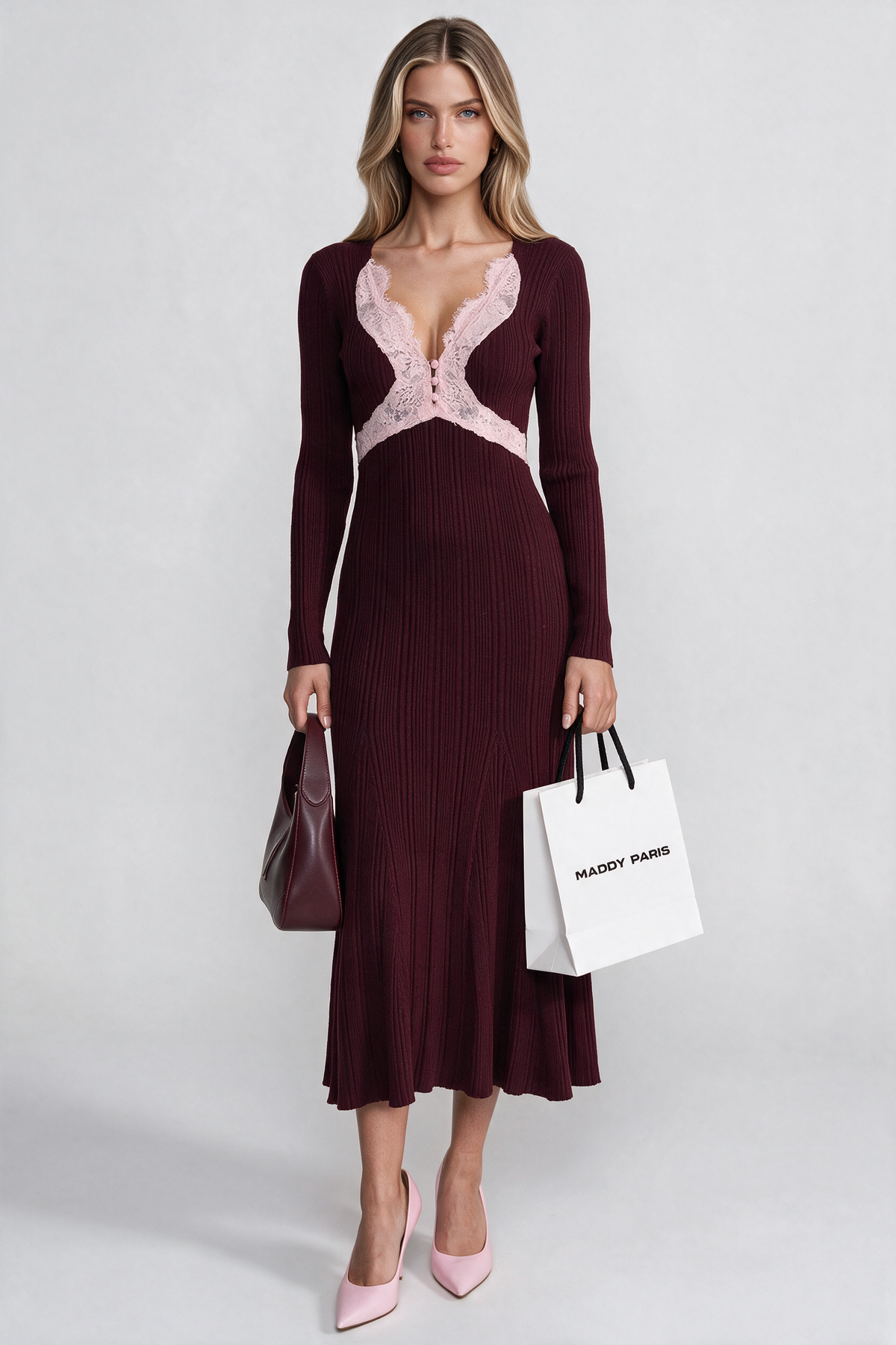 Ribbed Long Sleeve Midi Dress With Lace-Trim V-Neckline - Burgundy