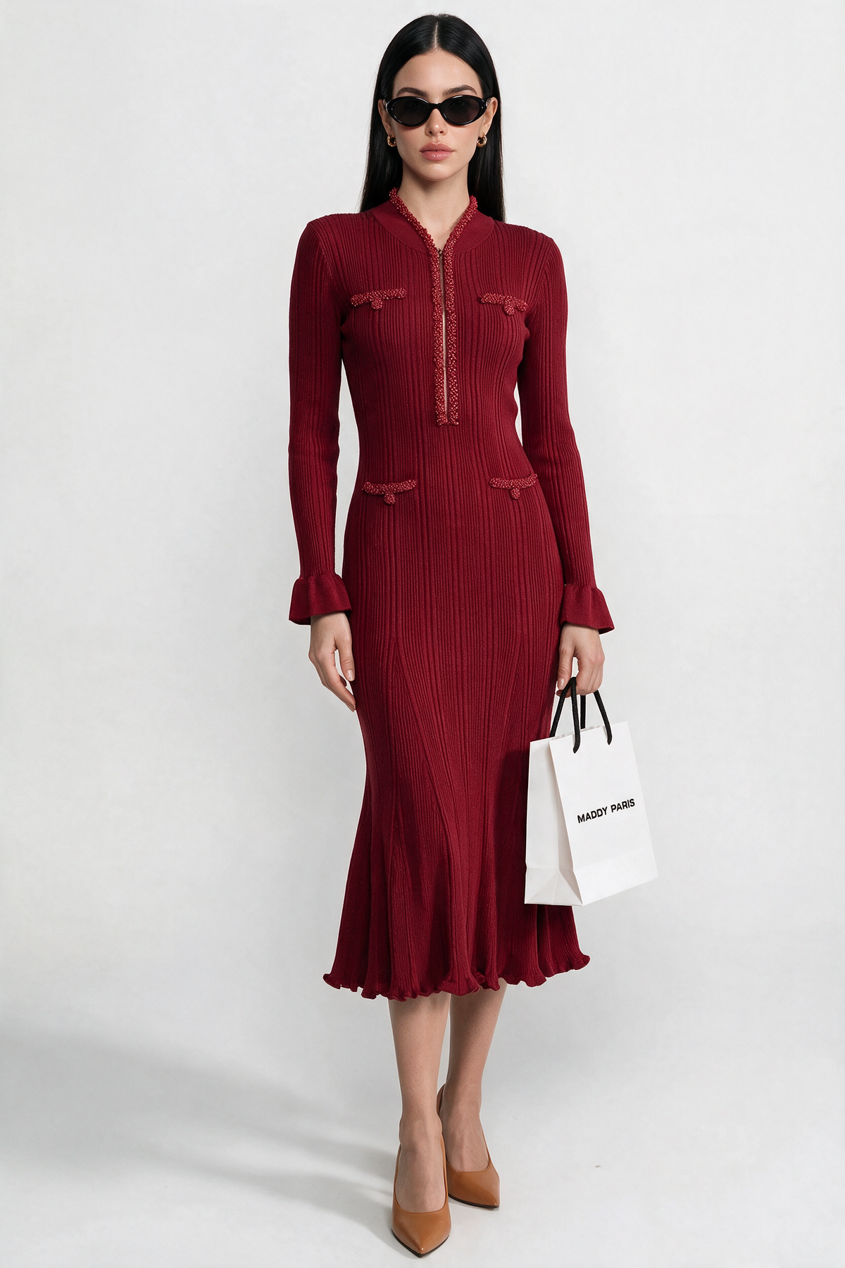 Ribbed Long Sleeve Midi Dress With Braided Trim Details - Burgundy