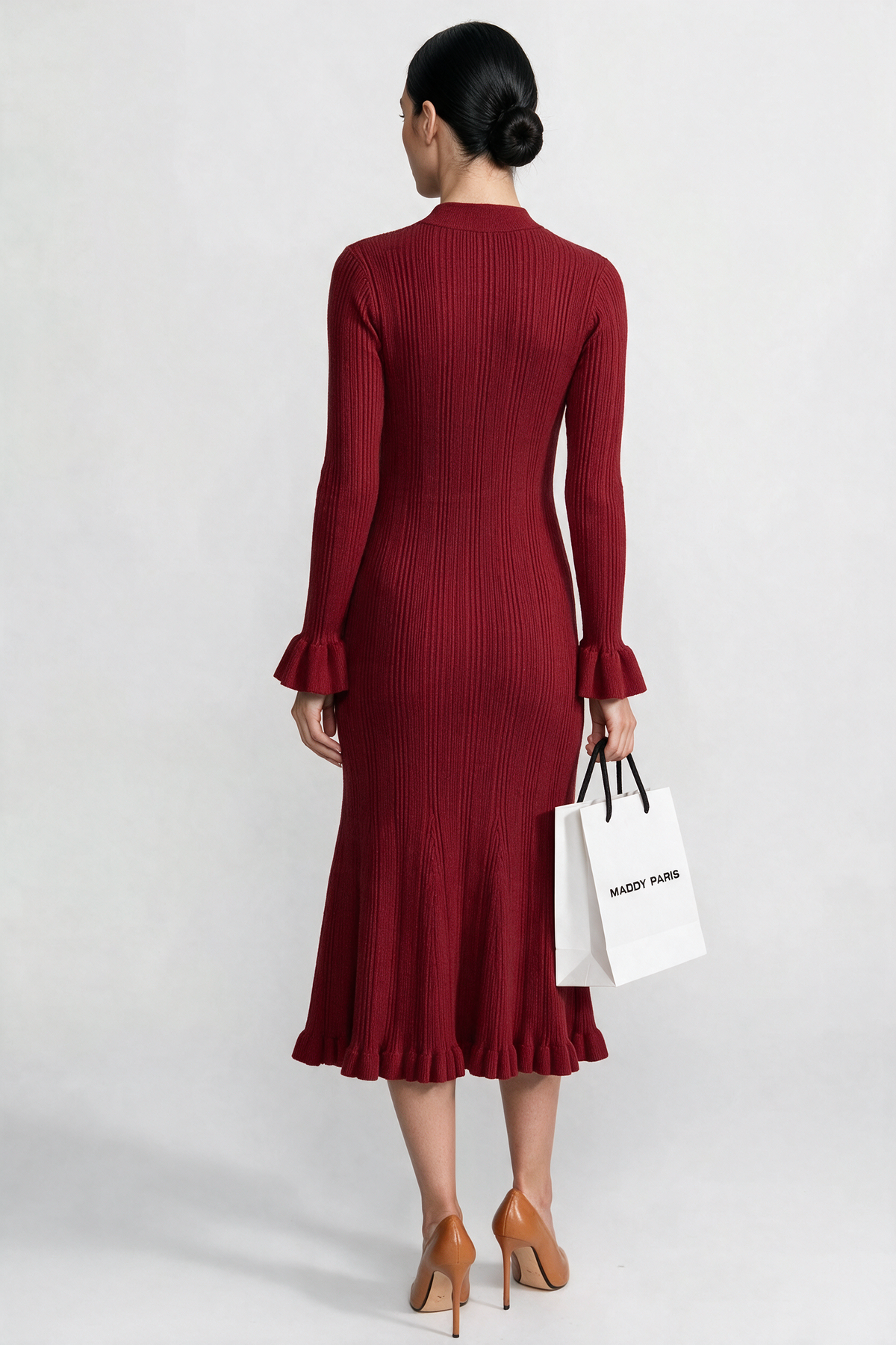 Ribbed Long Sleeve Midi Dress With Braided Trim Details - Burgundy