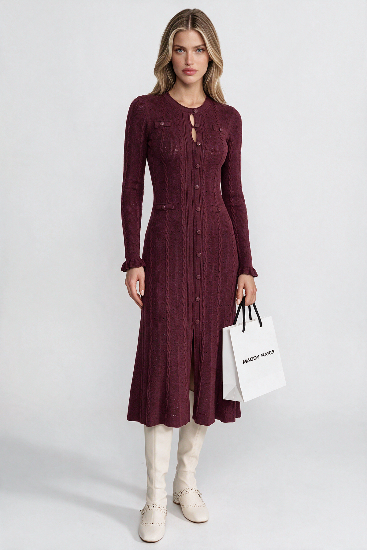 Knit Button-Front Midi Dress with Pointelle Detailing – Burgundy