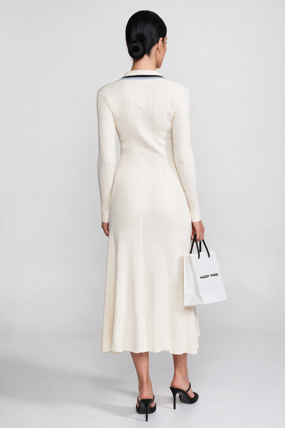 Long Sleeve Knit Midi Dress With Polo Collar And Monogram Patch - Ivoire