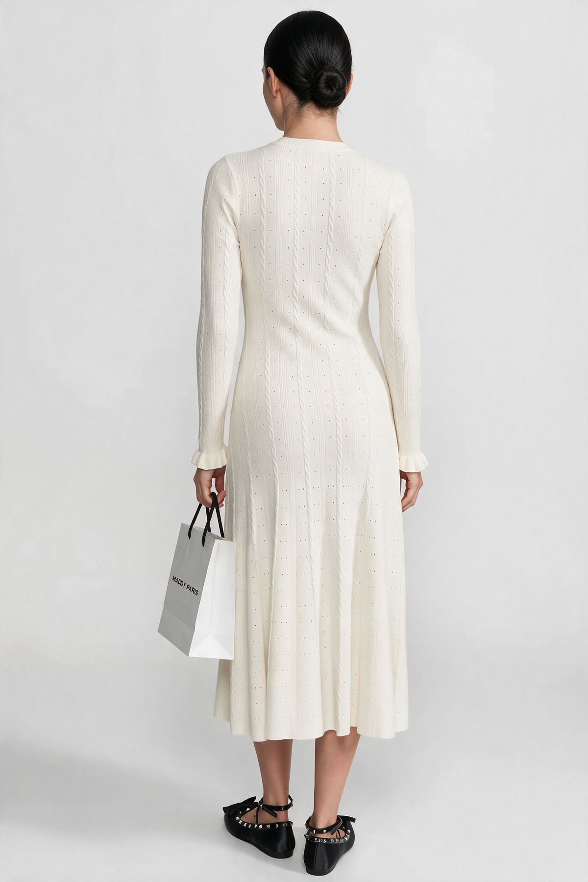 Knit Button-Front Midi Dress with Pointelle Detailing – Ivoire