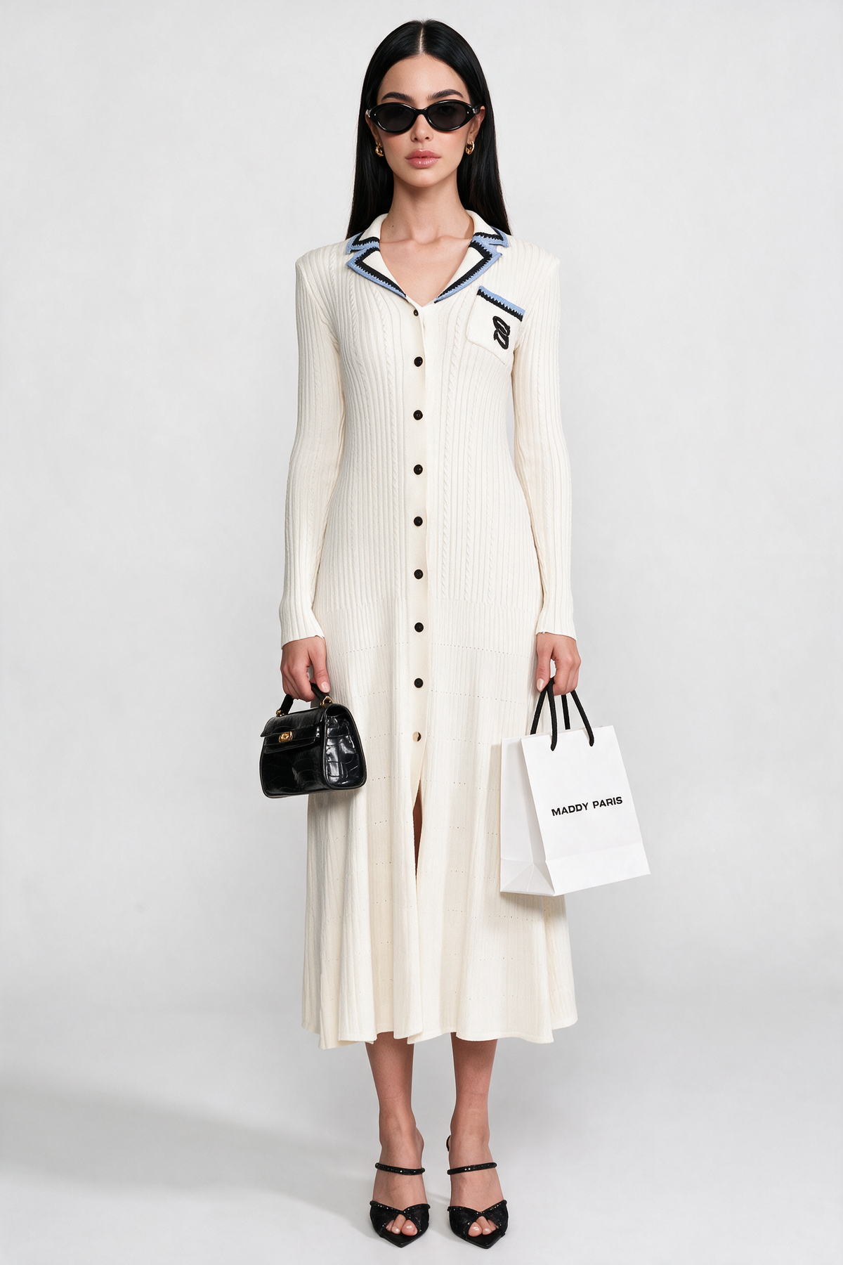 Long Sleeve Knit Midi Dress With Polo Collar And Monogram Patch - Ivoire