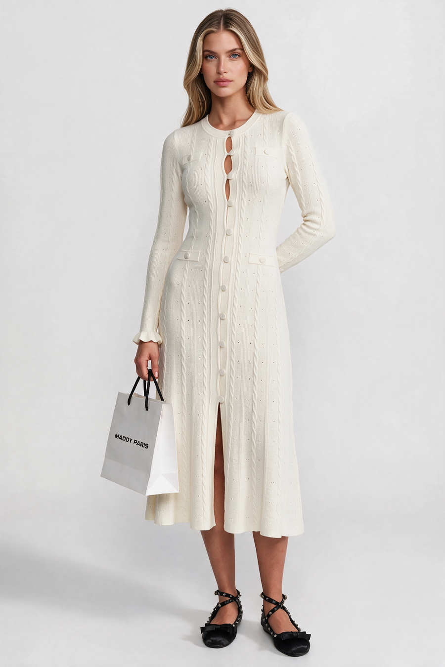 Knit Button-Front Midi Dress with Pointelle Detailing – Ivoire