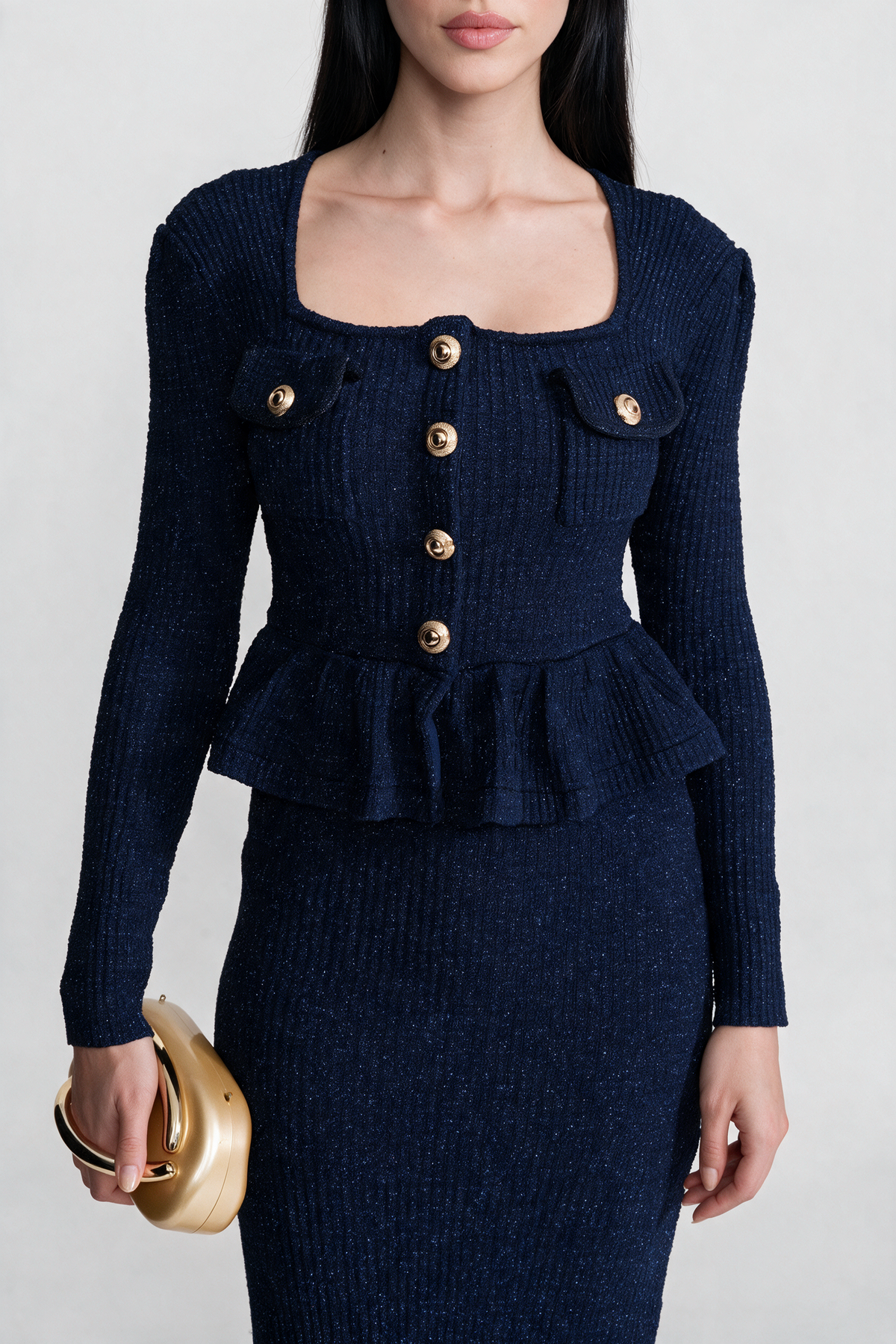 Textured Knit Dress with Peplum Waist and Gold Buttons - Dark Blue