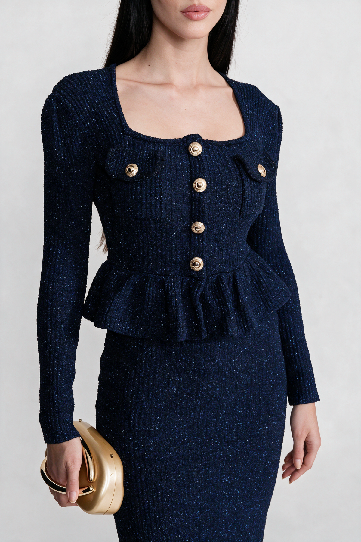 Textured Knit Dress with Peplum Waist and Gold Buttons - Dark Blue